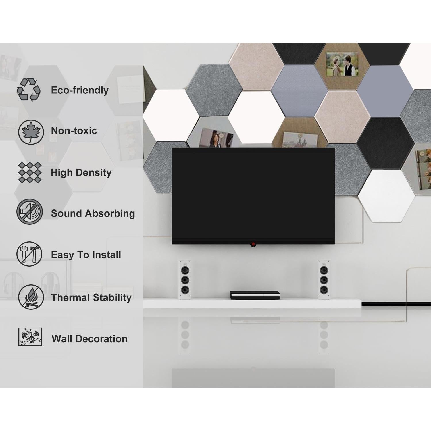 Paneles Acústicos HONORIA 12 Piezas Hexagonales 30.48x25.4cm Negro