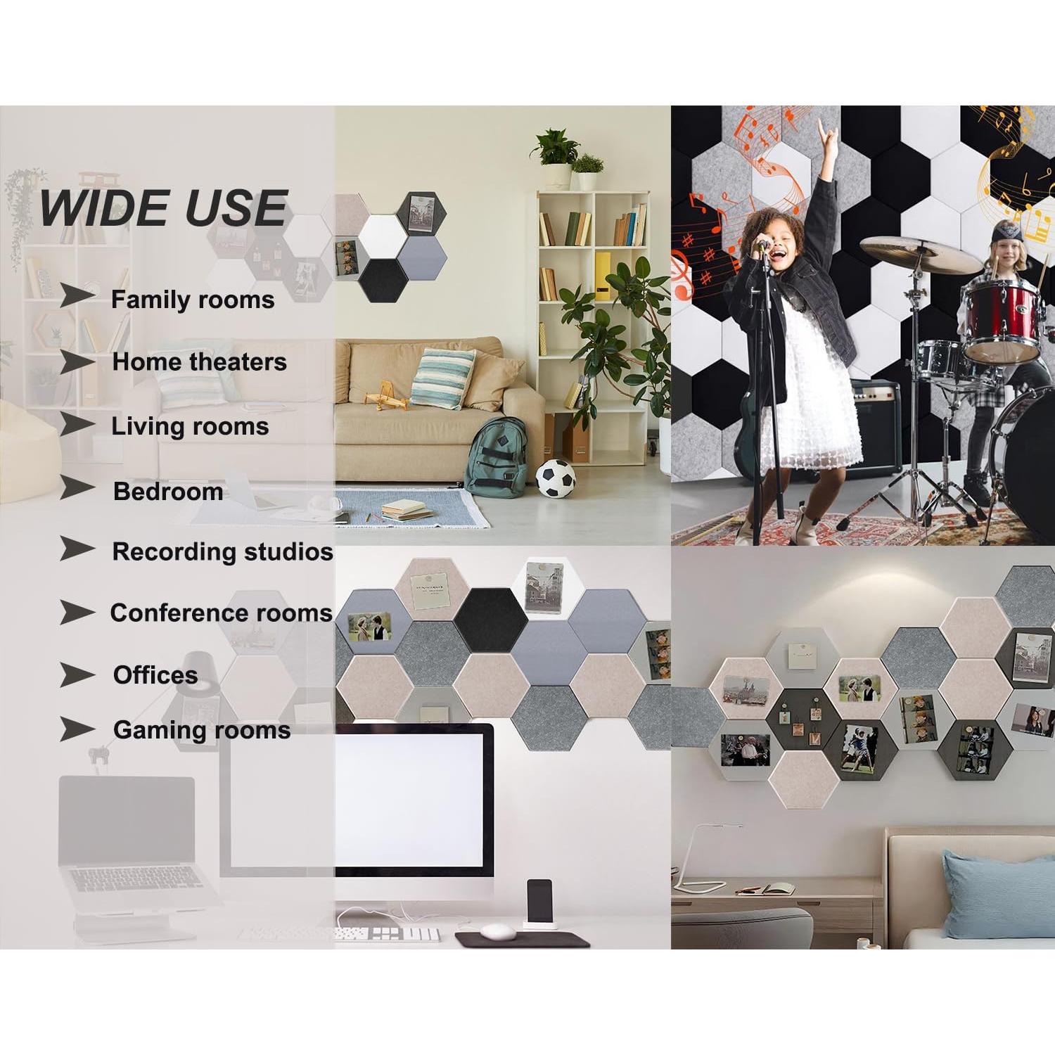 Paneles Acústicos HONORIA 12 Piezas Hexagonales 30.48x25.4cm Negro