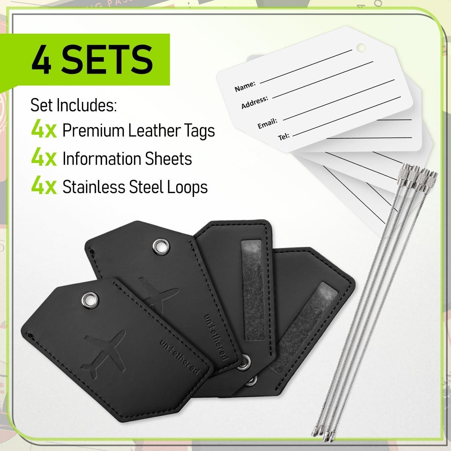 Juego de Etiquetas de Equipaje Untethered 4 Piezas Cuero Negro