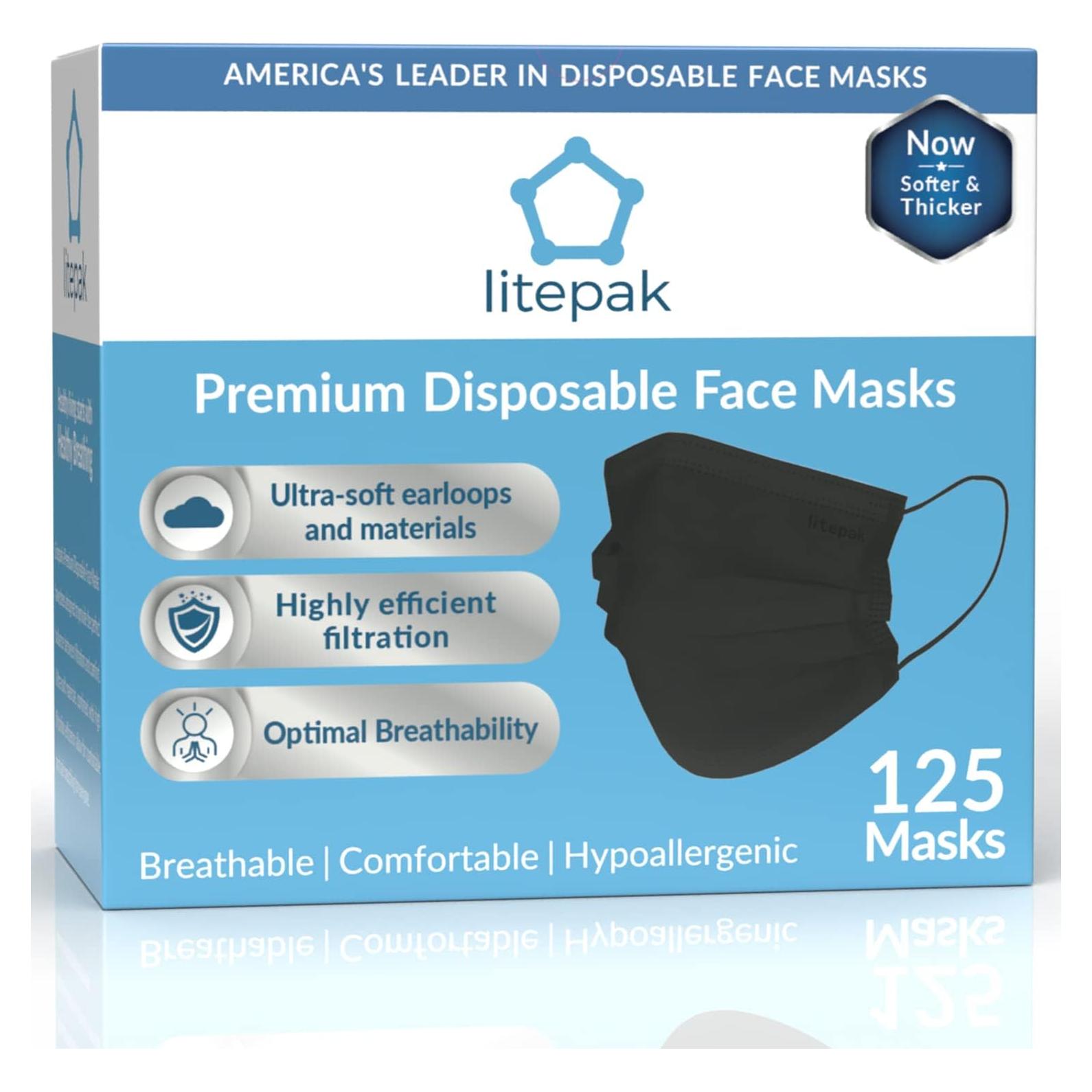 Mascarillas Desechables Litepak 125 Piezas 3 Capas Negro