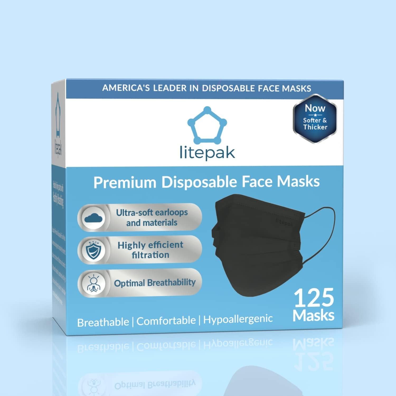 Mascarillas Desechables Litepak 125 Piezas 3 Capas Negro