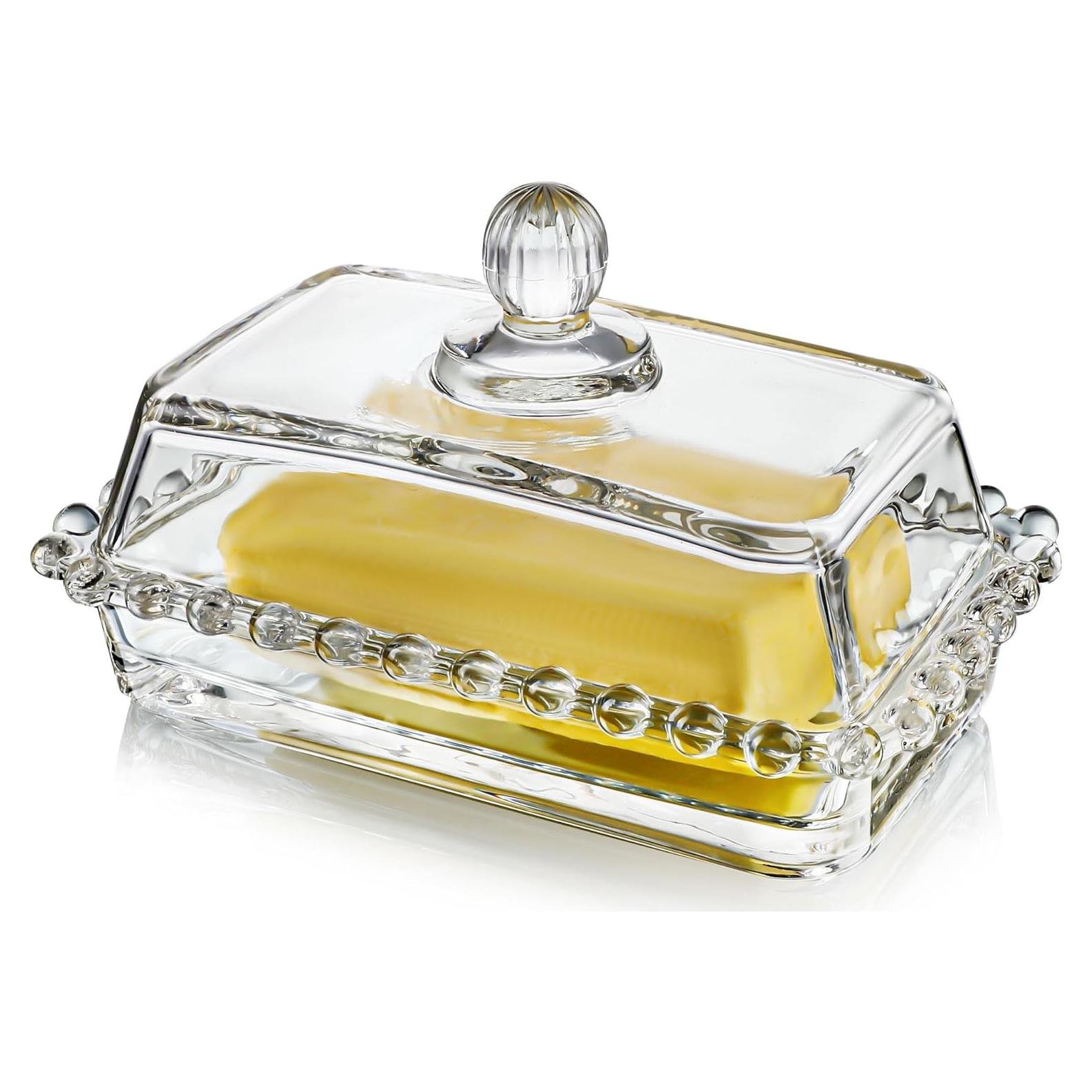 6.5'' Clear Glass Butter Dish with Handled Lid,Classic 2-Piece Design Butter Keeper For Countertop,Dishwasher Safe