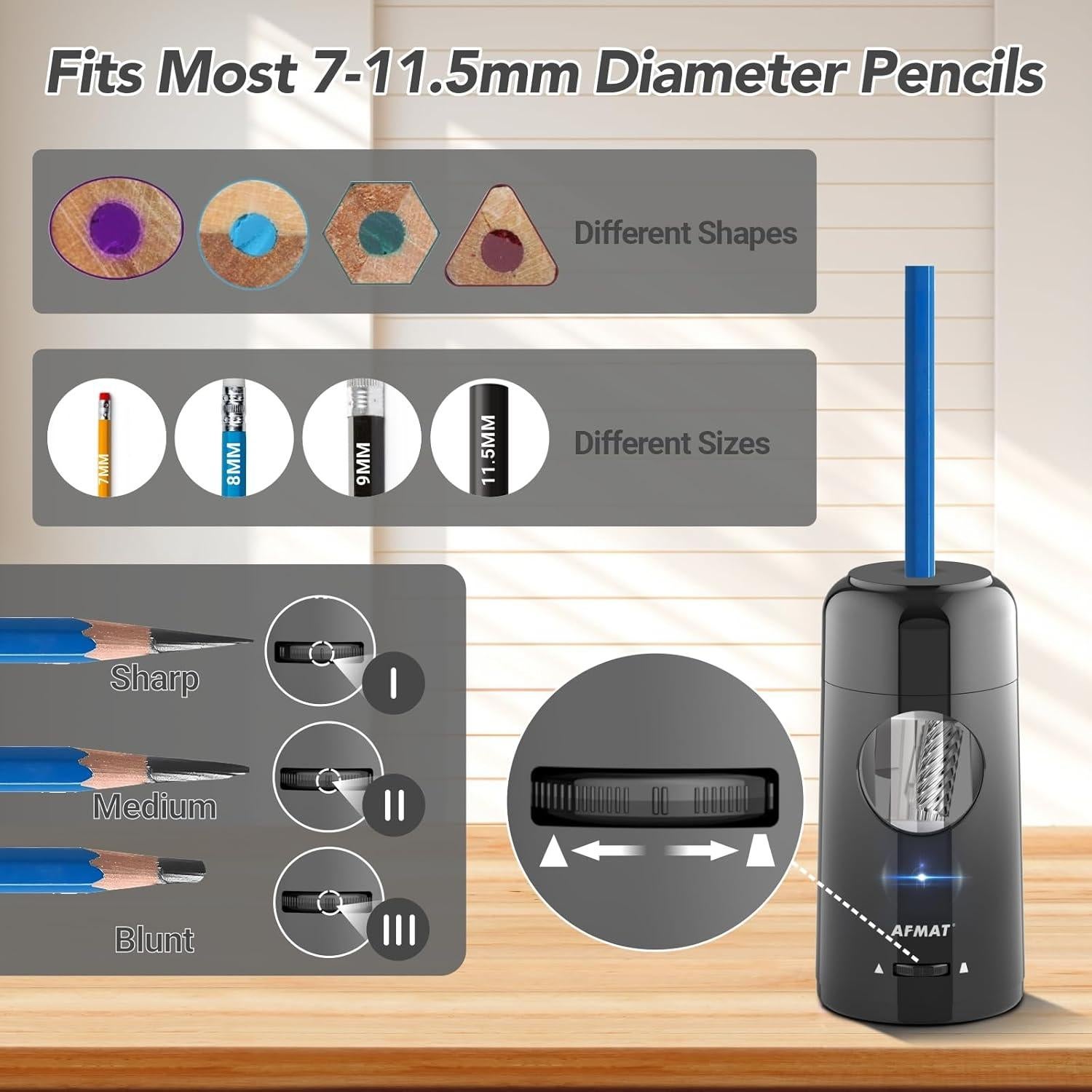 Sacapuntas Eléctrico AFMAT Recargable para Lápices 7-11.5mm