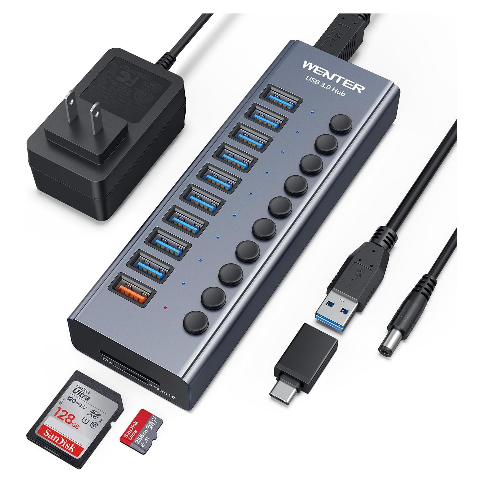 Hub USB Alimentado WENTER 10 Puertos Aluminio 3.0 con Lector SD