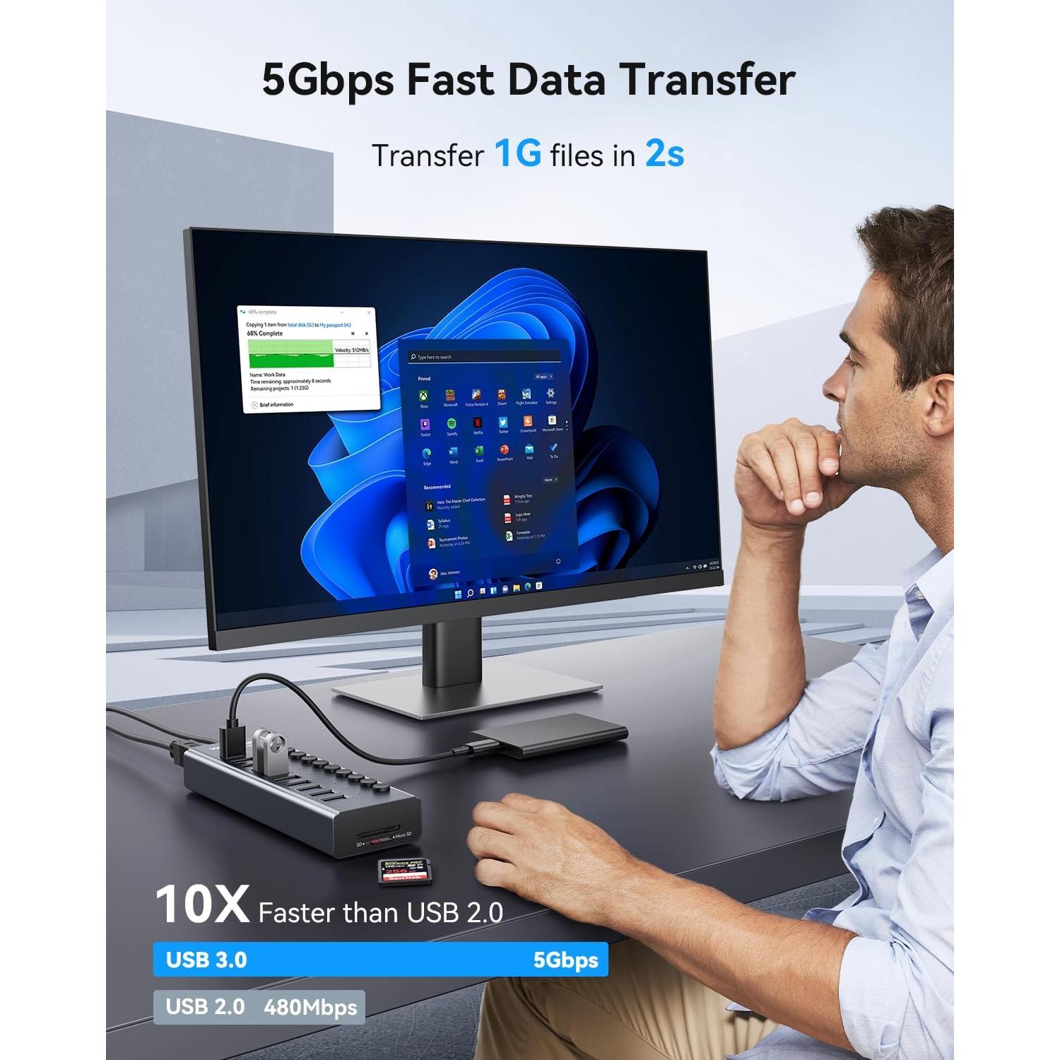 Hub USB Alimentado WENTER 10 Puertos Aluminio 3.0 con Lector SD