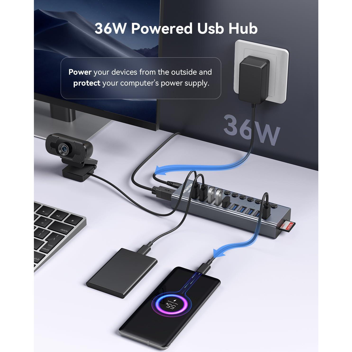 Hub USB Alimentado WENTER 10 Puertos Aluminio 3.0 con Lector SD