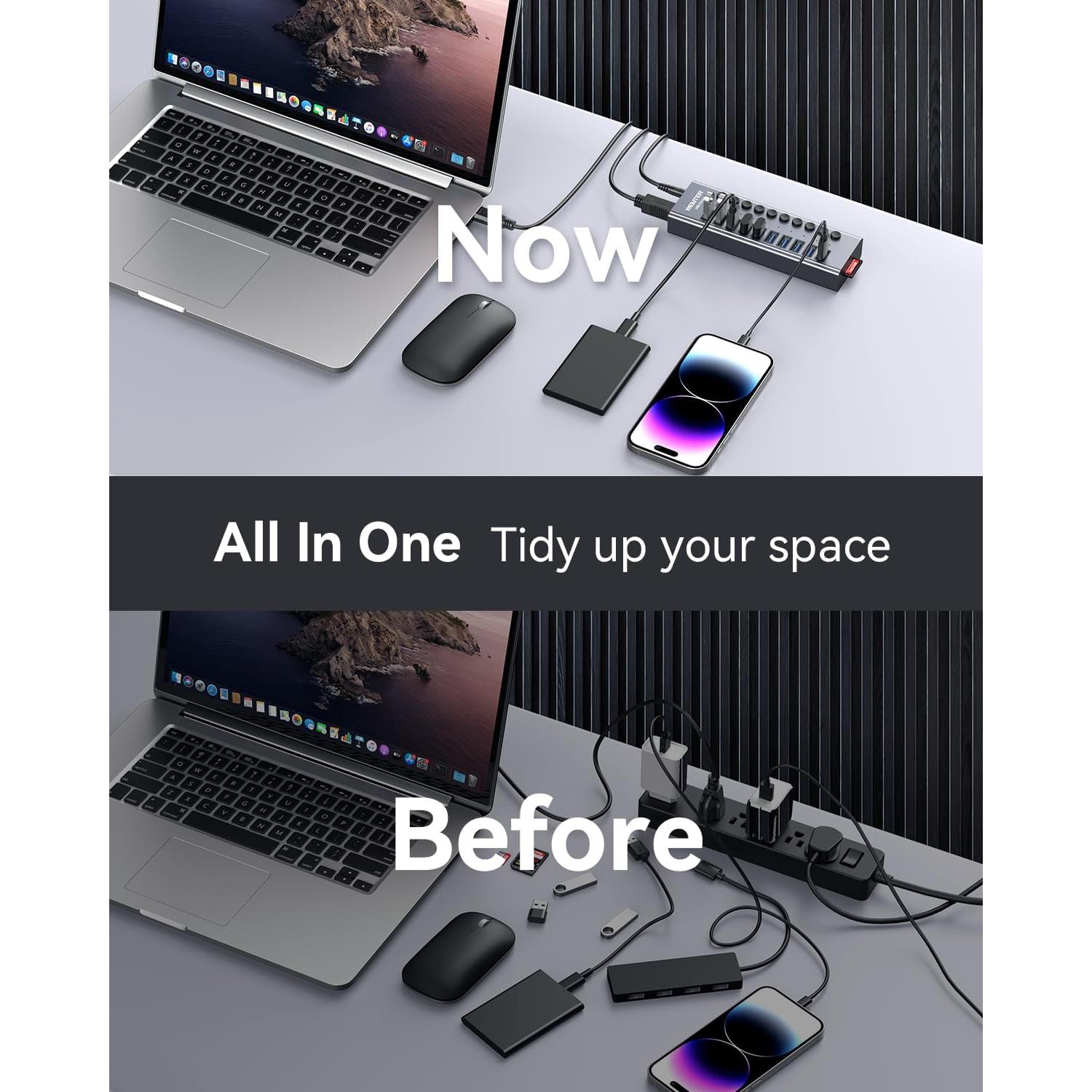 Hub USB Alimentado WENTER 10 Puertos Aluminio 3.0 con Lector SD