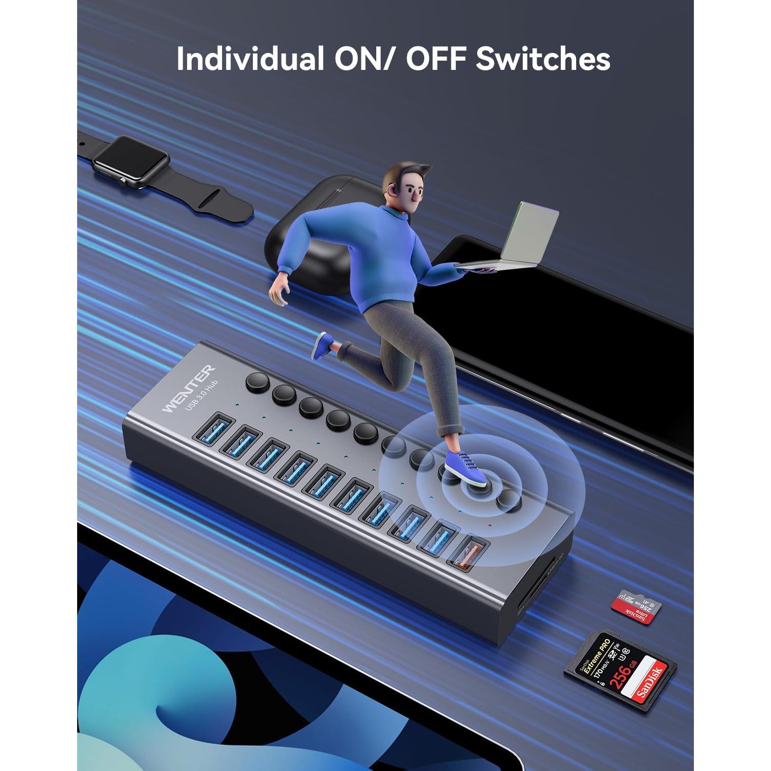 Hub USB Alimentado WENTER 10 Puertos Aluminio 3.0 con Lector SD