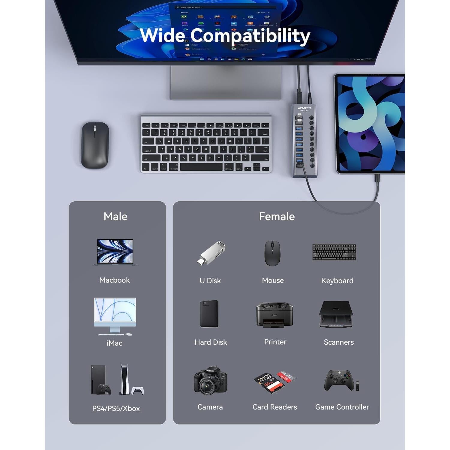 Hub USB Alimentado WENTER 10 Puertos Aluminio 3.0 con Lector SD