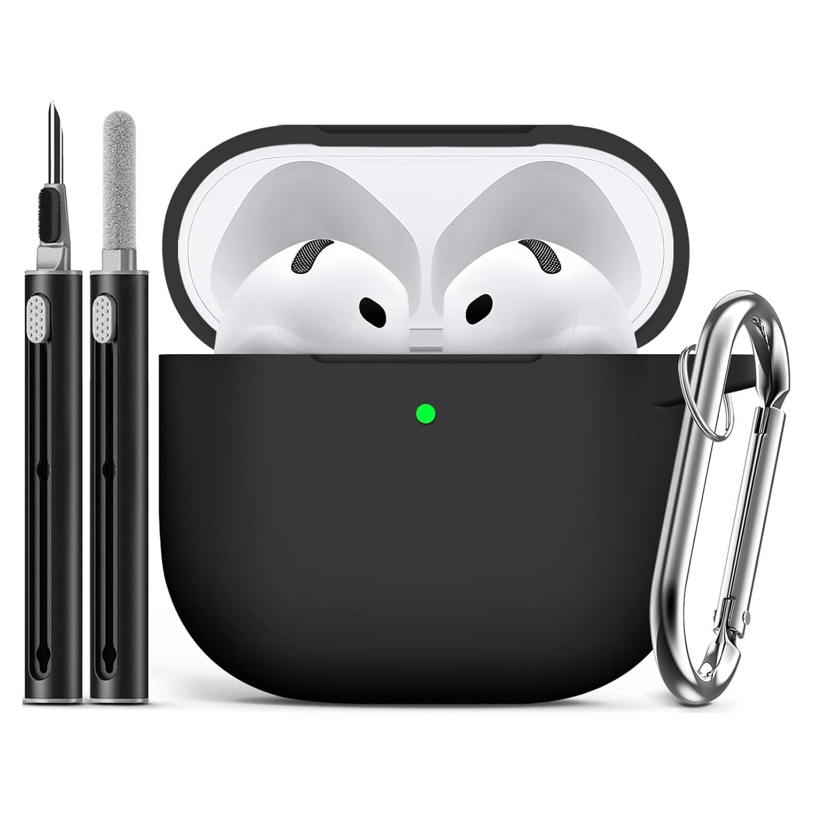 for AirPods 4 Case Cover 2024 with Cleaner Kit,Soft Silicone Protective Case for Apple AirPods 4th Generation Case for Women Men,AirPod 4 Case Accessories with Keychain-Black