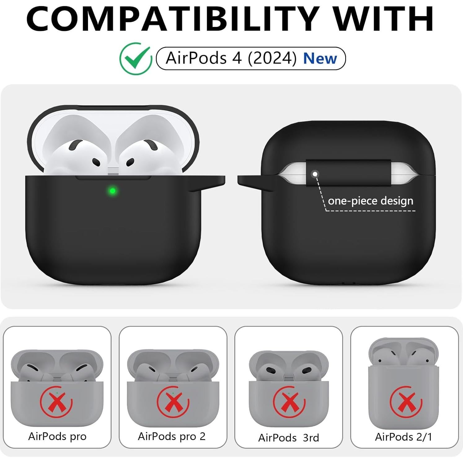 for AirPods 4 Case Cover 2024 with Cleaner Kit,Soft Silicone Protective Case for Apple AirPods 4th Generation Case for Women Men,AirPod 4 Case Accessories with Keychain-Black