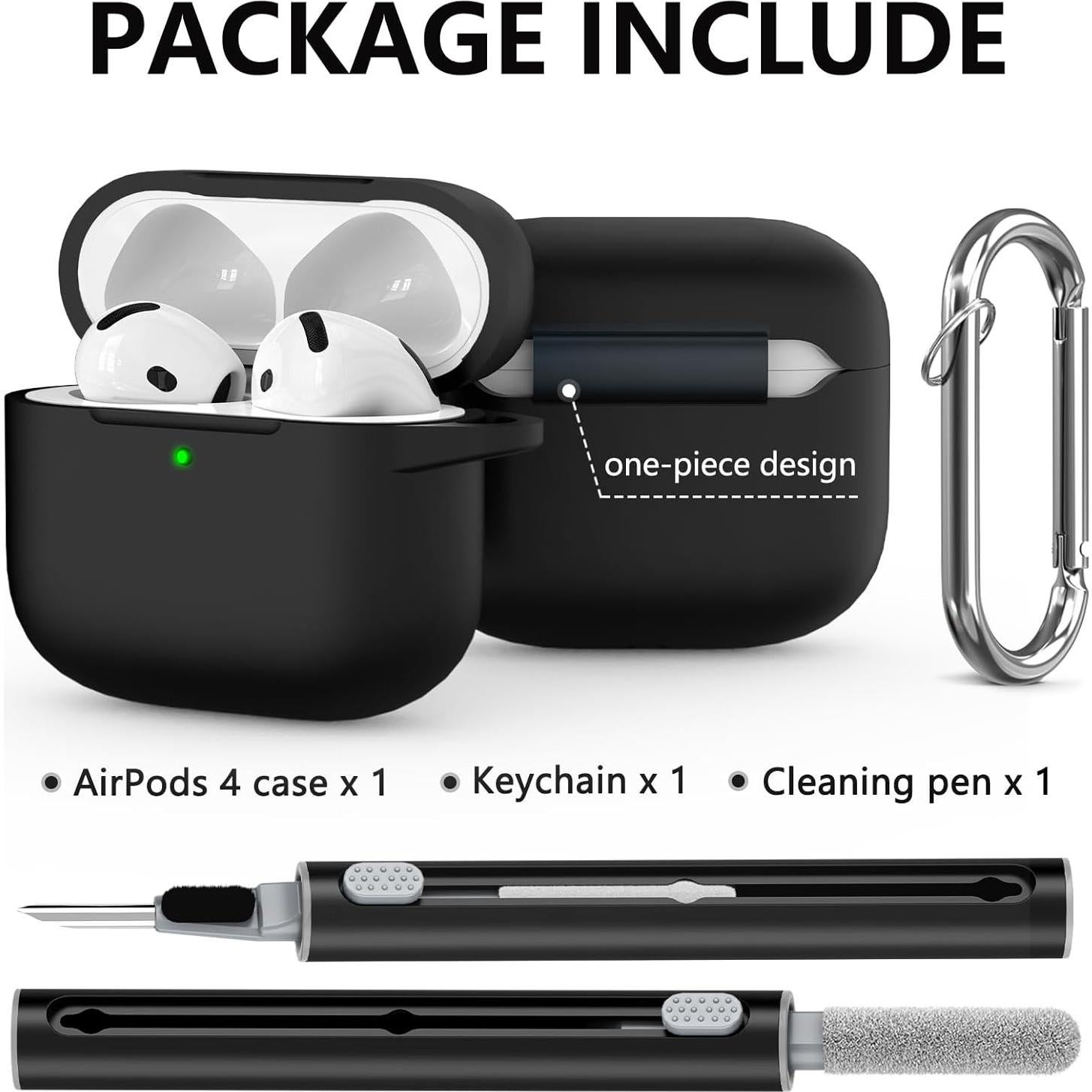for AirPods 4 Case Cover 2024 with Cleaner Kit,Soft Silicone Protective Case for Apple AirPods 4th Generation Case for Women Men,AirPod 4 Case Accessories with Keychain-Black