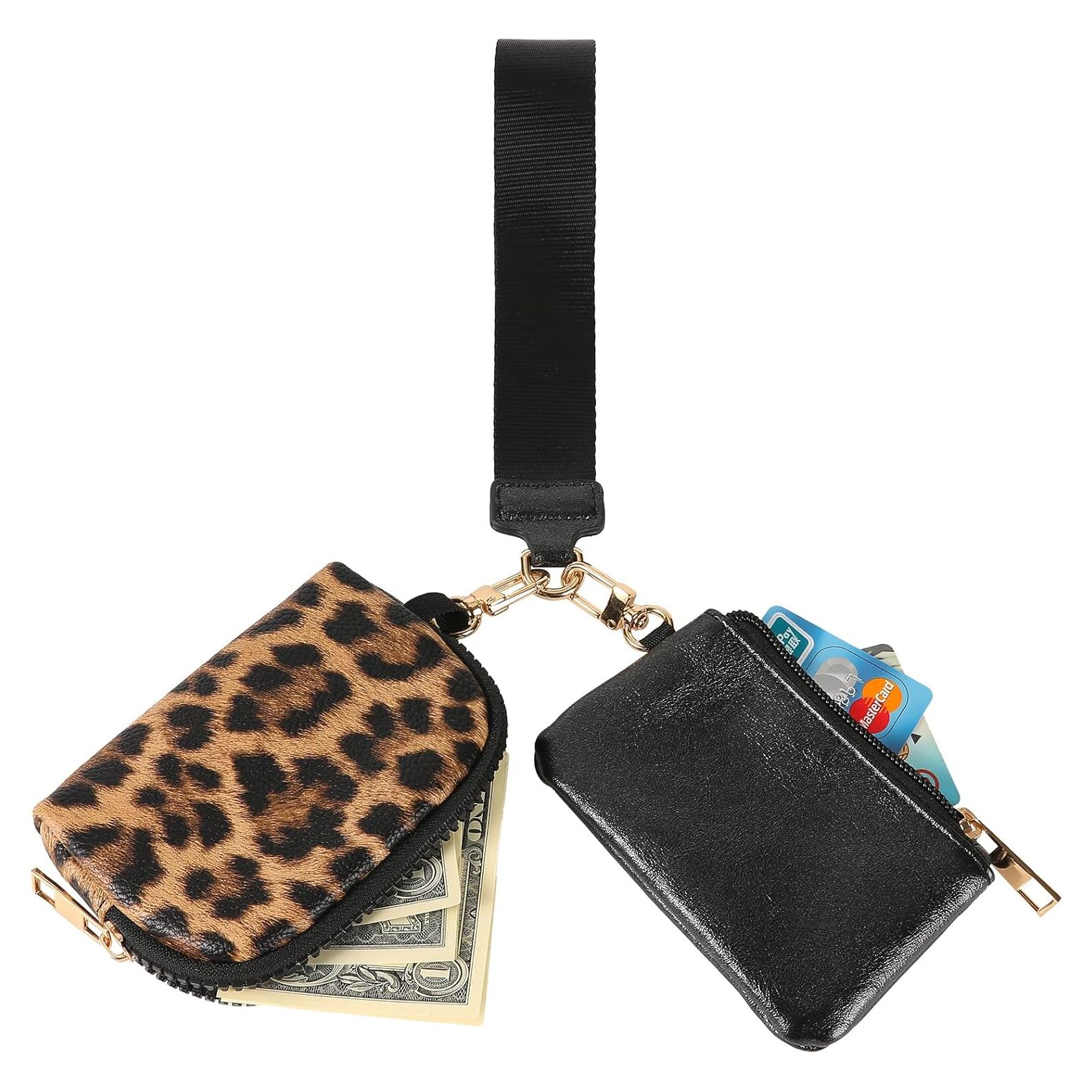 Cartera de Muñeca Doble Bolsa KWW01 - Cuero Sintético Negro y Leopardo