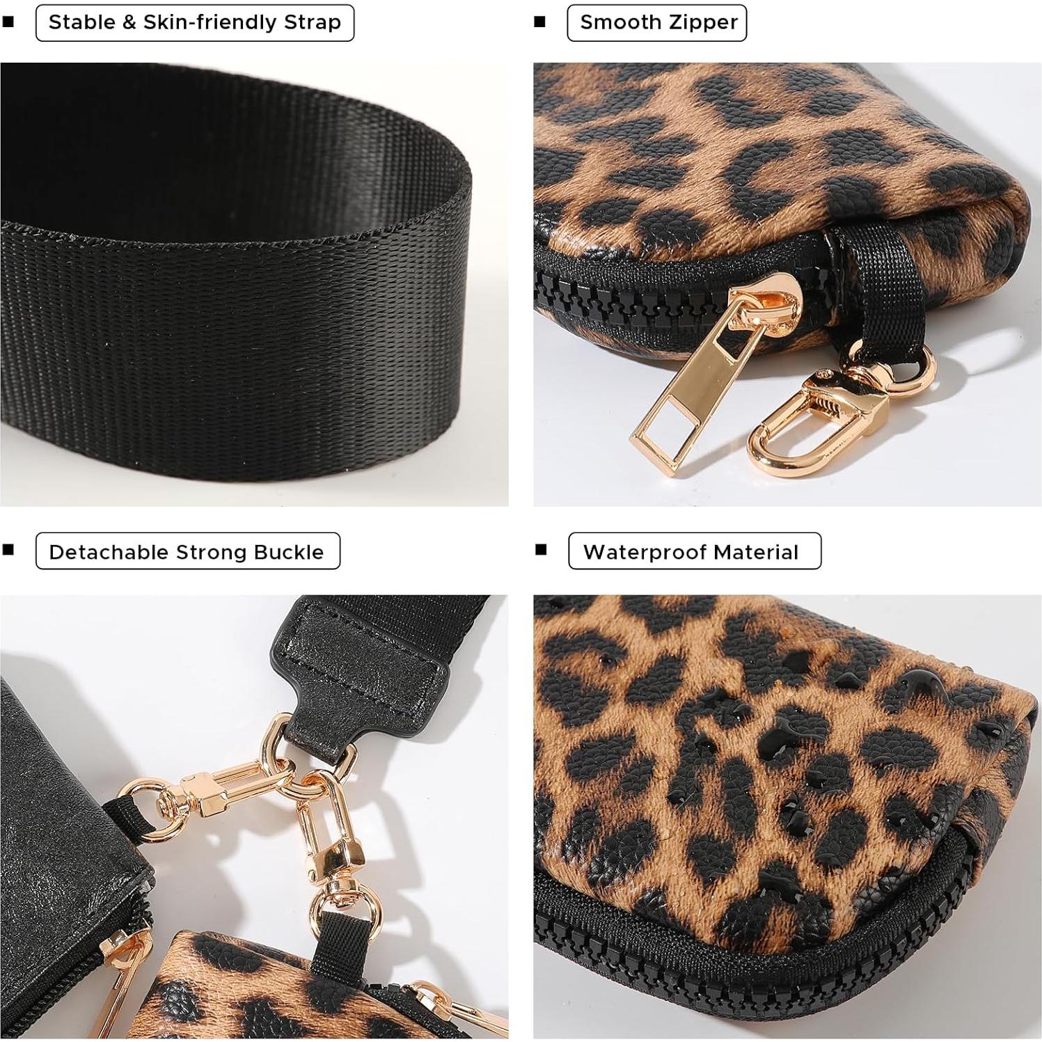 Cartera de Muñeca Doble Bolsa KWW01 - Cuero Sintético Negro y Leopardo