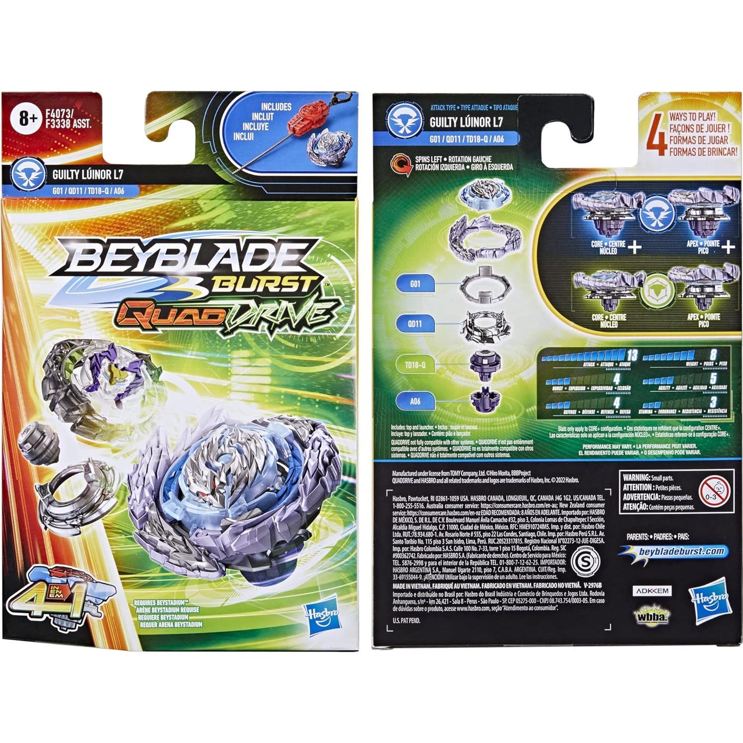 Peonza Beyblade Burst QuadDrive Guilty Láinor L7 con Lanzador