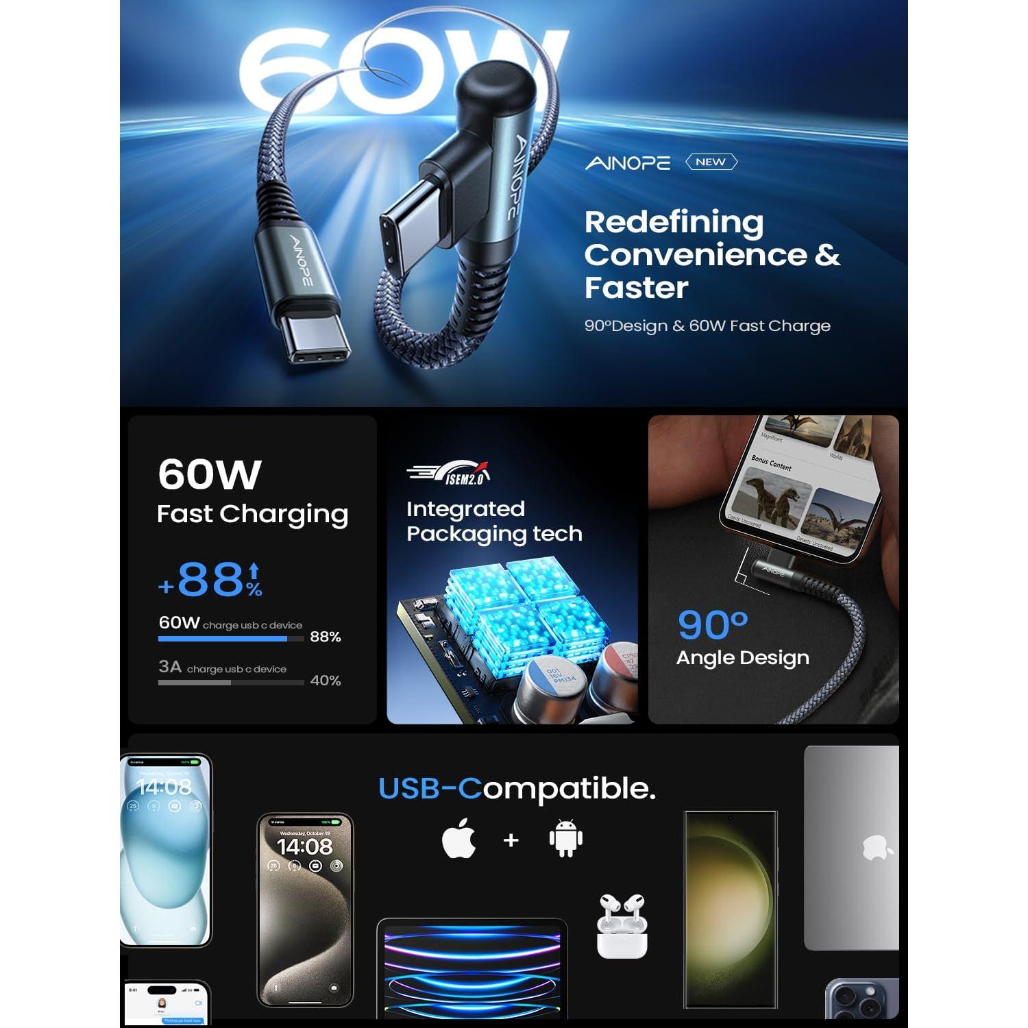 Cable USB C a USB C AINOPE 0.46m 60W Carga Rápida Nylon