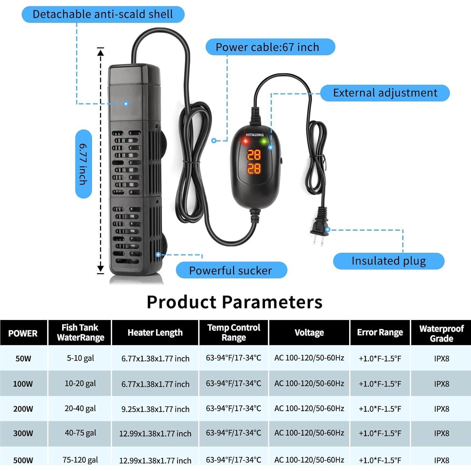 Calentador de Acuario HiTauing 50W Sumergible con Control Digital