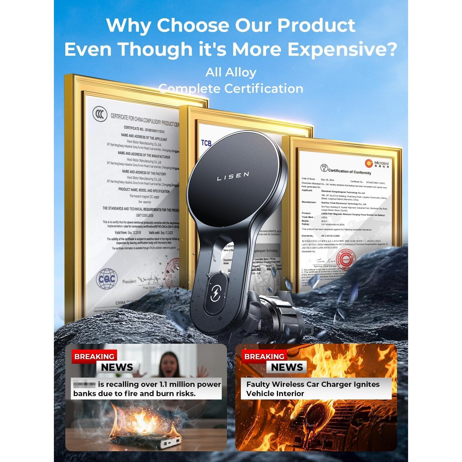 Cargador Inalámbrico MagSafe LISEN para iPhone 17 Auto Plata