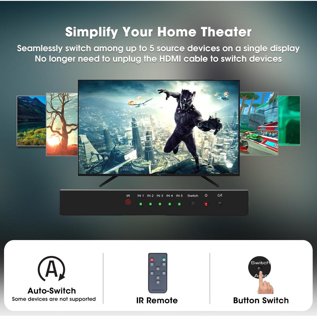 Interruptor HDMI 5 Puertos ROOFULL 4K@60Hz Control Remoto