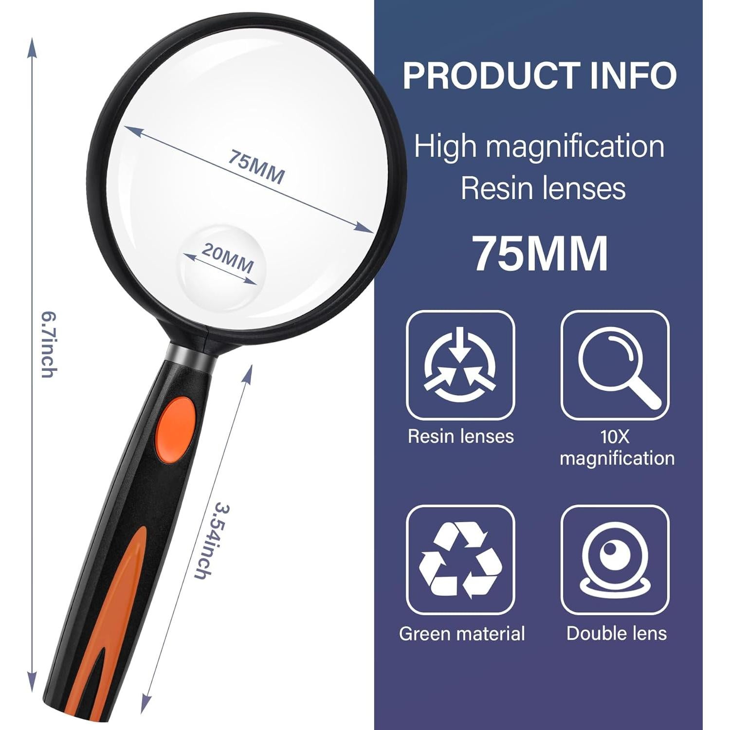 Lupa de Mano Feosky 10X 30X Lente Acrílica 75mm Naranja