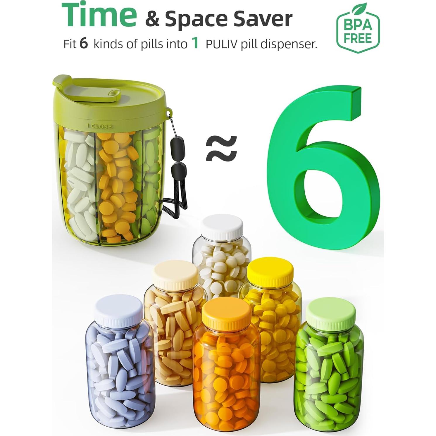 Organizador de Pastillas PULIV Verde - 6 Compartimentos XL y Grandes