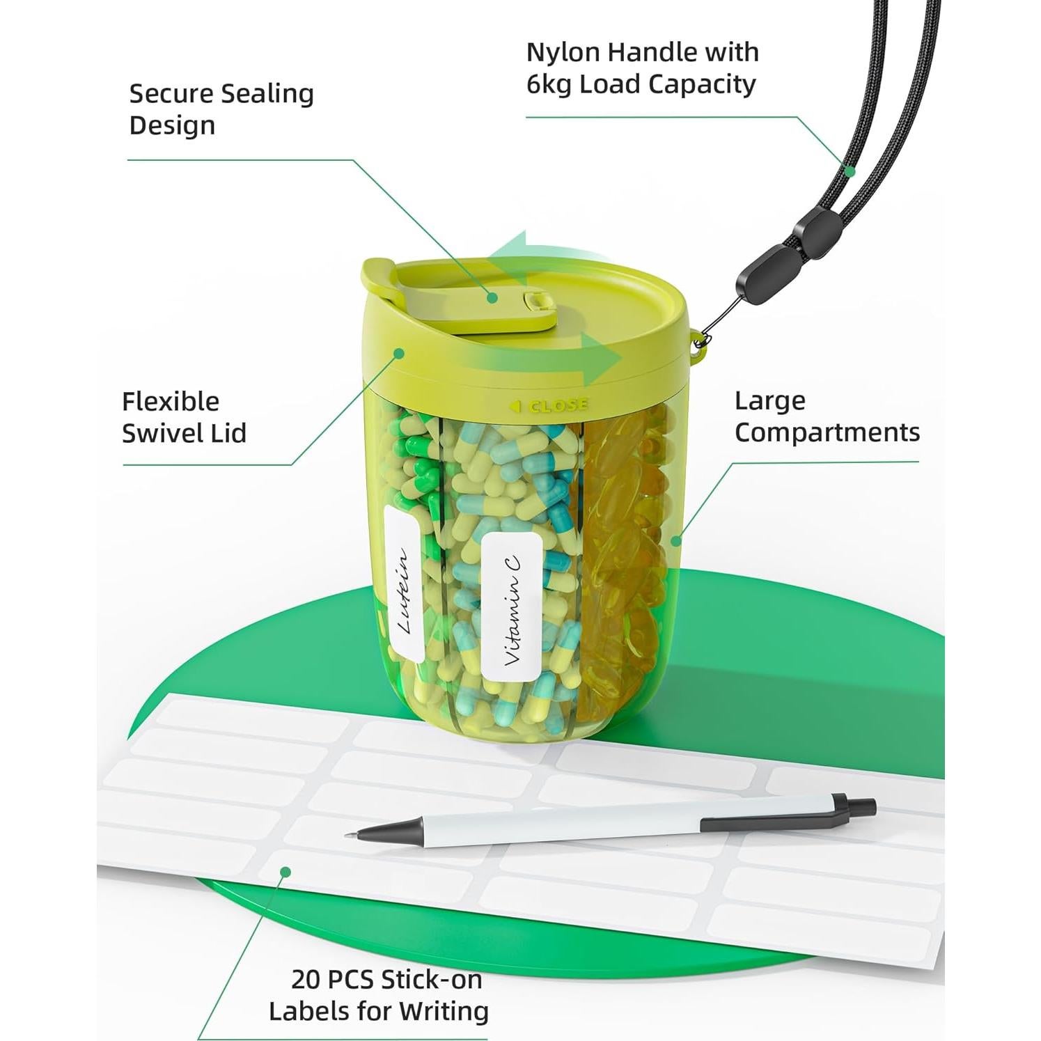 Organizador de Pastillas PULIV Verde - 6 Compartimentos XL y Grandes