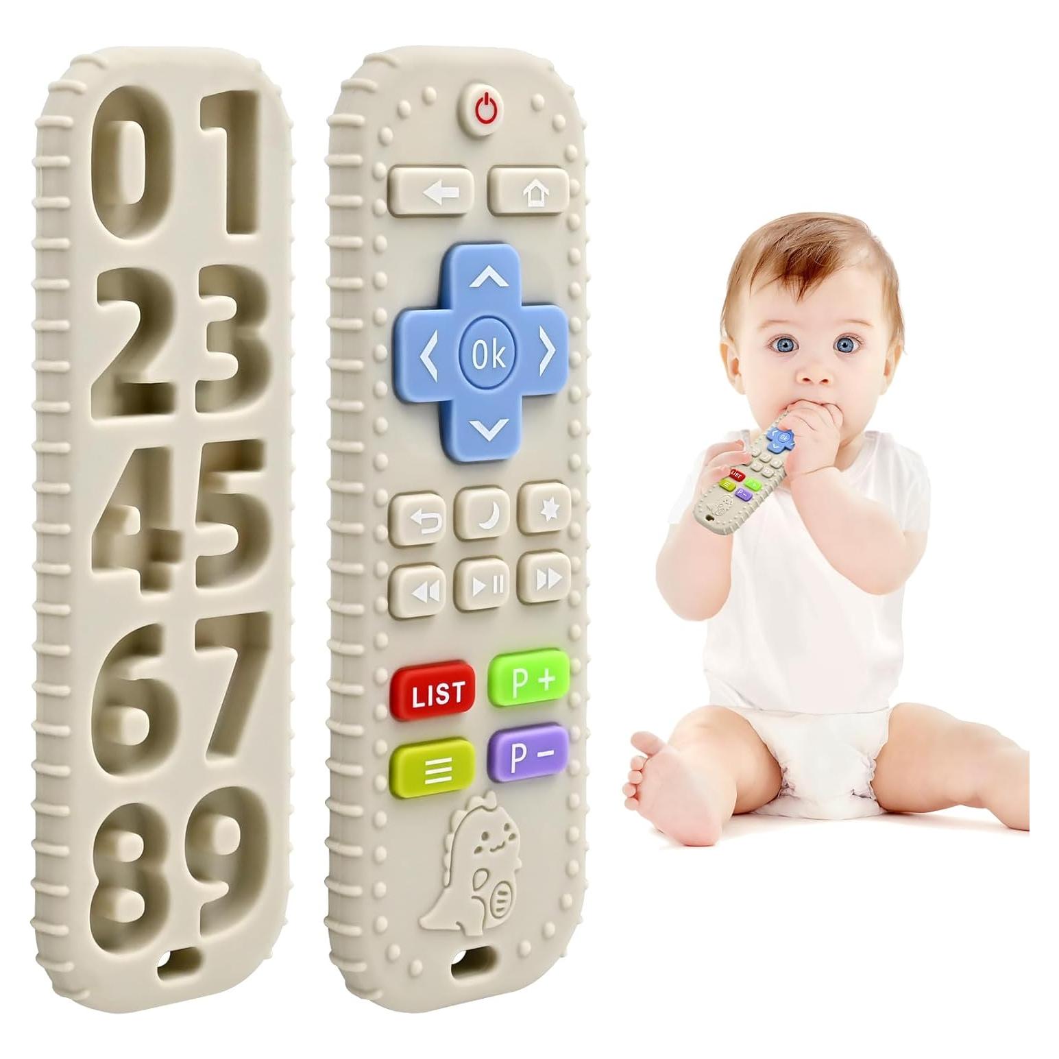 Teething Relief Teethers Toys for Babies 3-6 12 Months Gifts, Silicone Remote Control Baby Teether Toys for 3 6 9 Months Newborn Infant Boy Girl Autism, Food Grade Silicone Sensory Toys, Beige