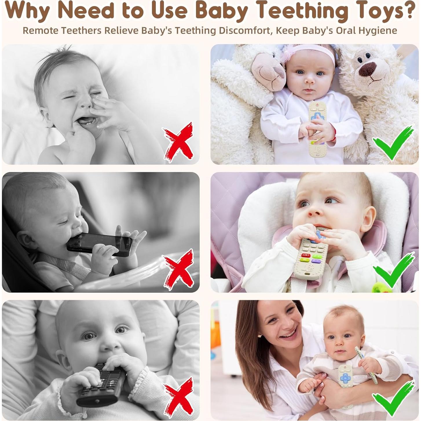 Teething Relief Teethers Toys for Babies 3-6 12 Months Gifts, Silicone Remote Control Baby Teether Toys for 3 6 9 Months Newborn Infant Boy Girl Autism, Food Grade Silicone Sensory Toys, Beige