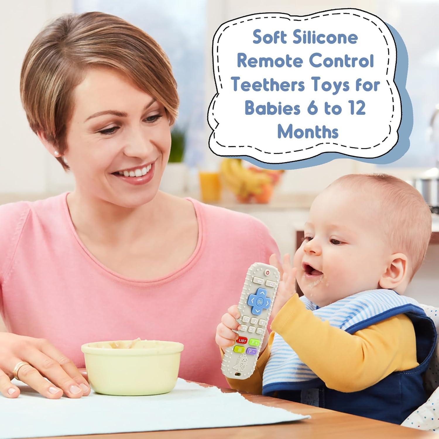Teething Relief Teethers Toys for Babies 3-6 12 Months Gifts, Silicone Remote Control Baby Teether Toys for 3 6 9 Months Newborn Infant Boy Girl Autism, Food Grade Silicone Sensory Toys, Beige