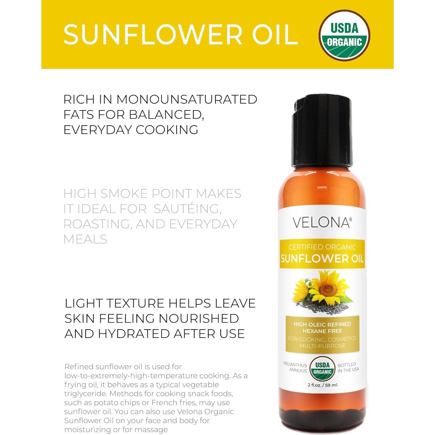 Aceite de Girasol Orgánico Velona 60ml - 100% Puro y Natural