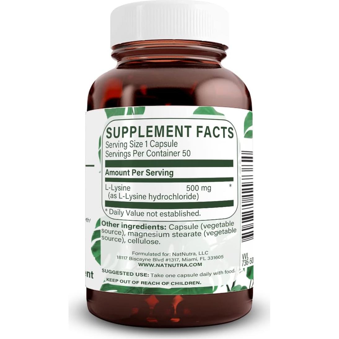 L-Lisina HCl Natural Nutra 500 mg, 50 Cápsulas Veganas