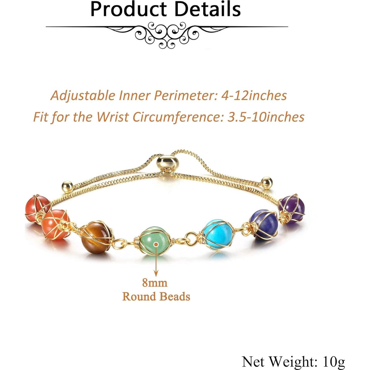 Pulsera de 7 Chakras Ajustable Jovivi con Piedras Naturales 8mm