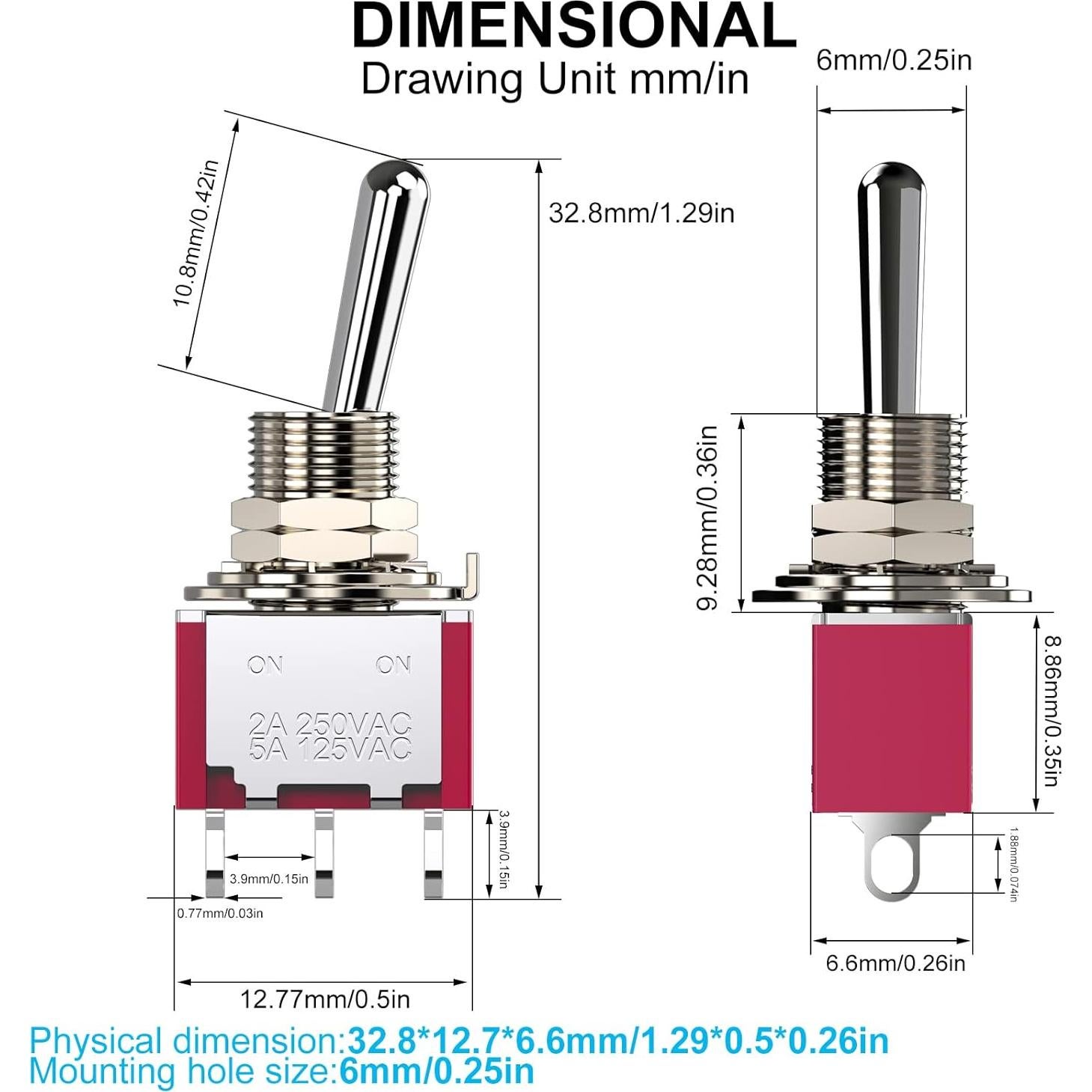 Interruptor de Palanca SPDT DIYhz 5A 125V 2A 250V 10 Piezas