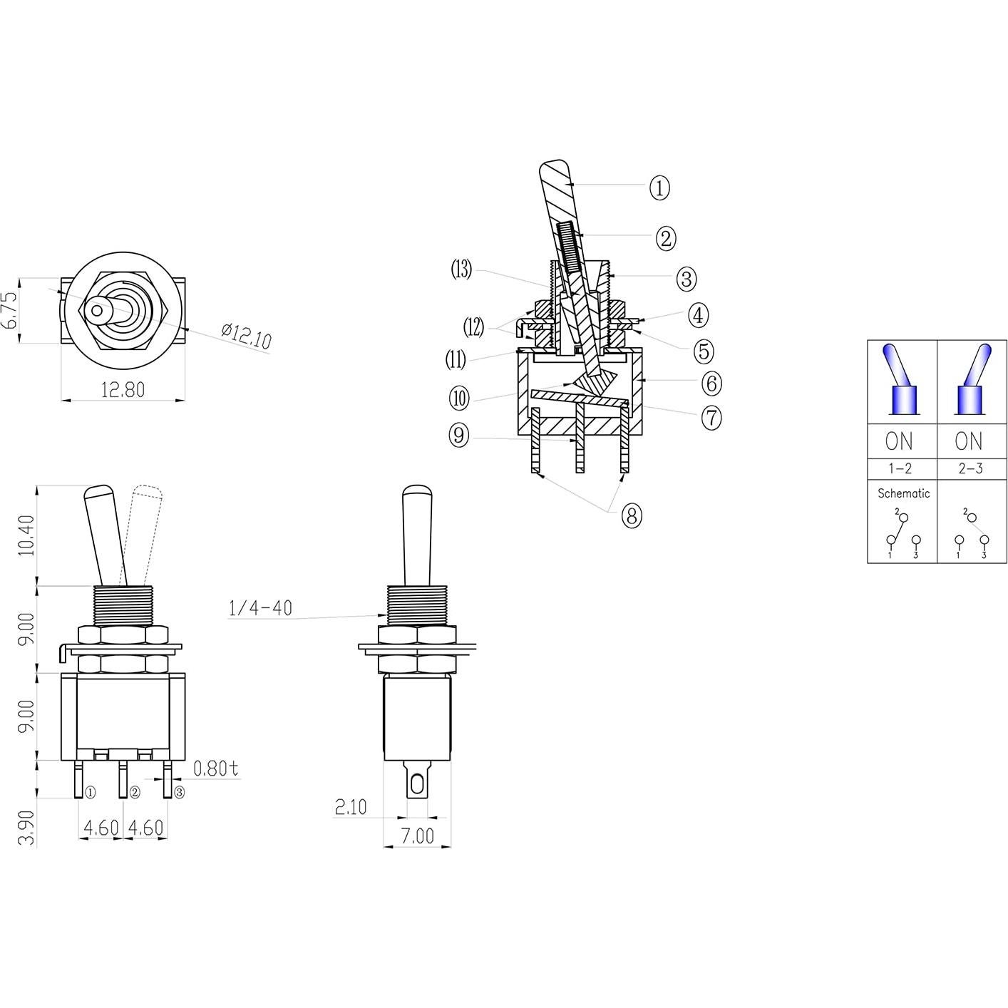 Interruptor de Palanca SPDT DIYhz 5A 125V 2A 250V 10 Piezas