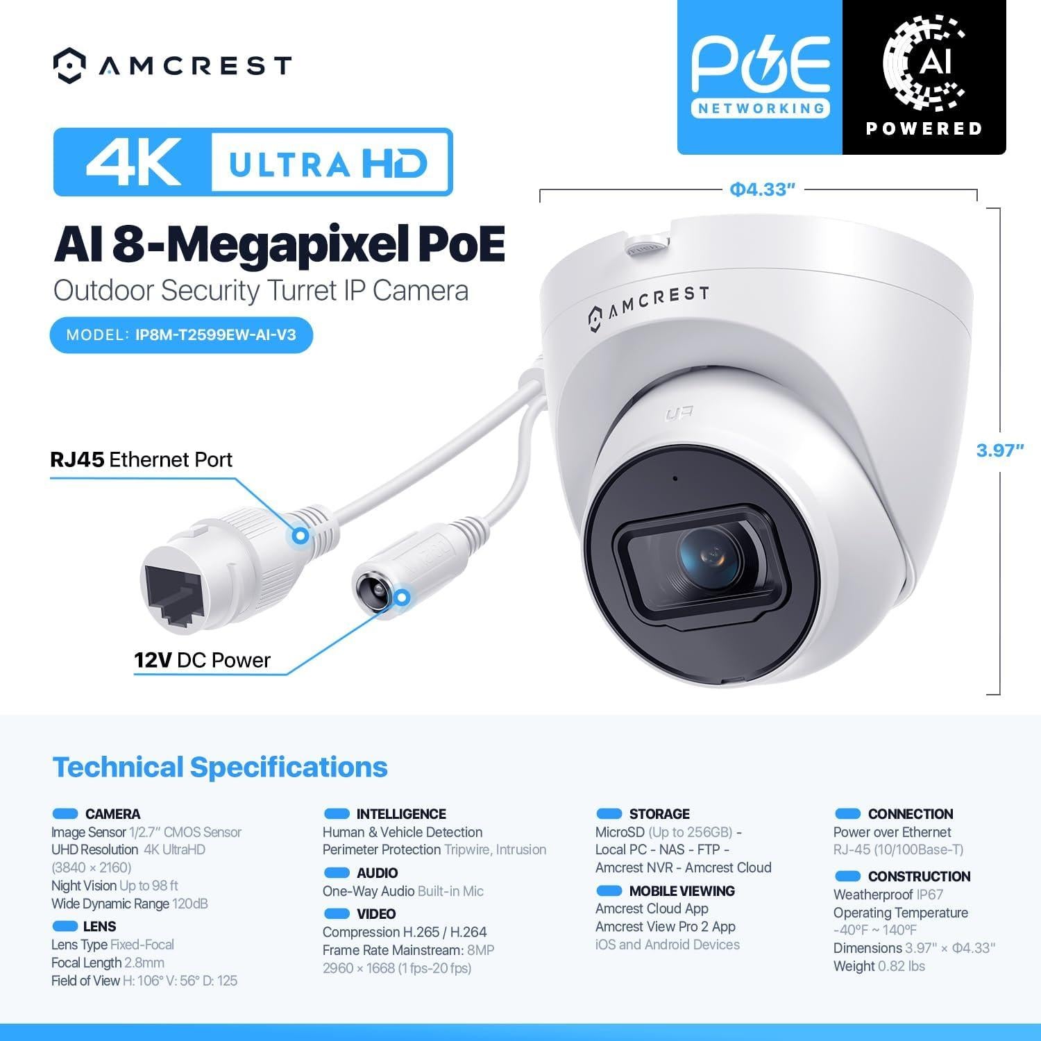 Cámara de Seguridad IP Turret Amcrest 4K PoE Exterior