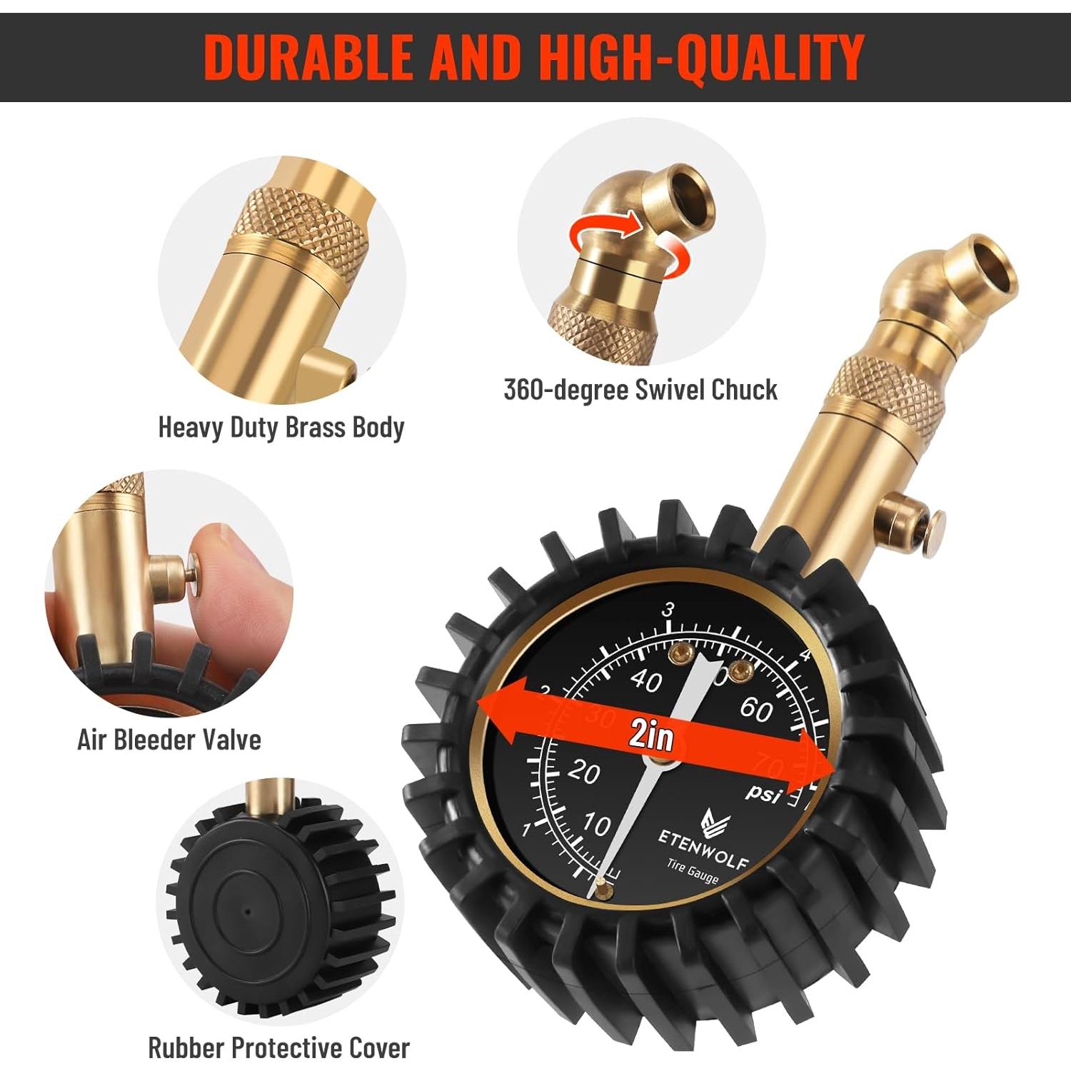 Medidor de Presión de Neumáticos ETENWOLF 0-5.17 Bar Negro