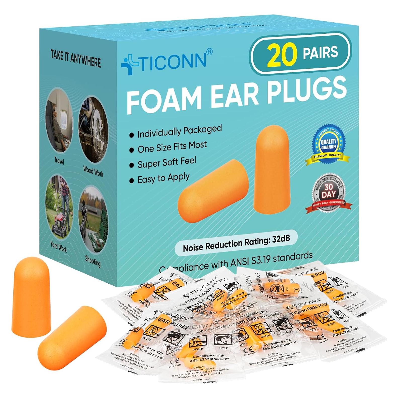 Tapones para Oídos TICONN 20 Pares 32dB Reducción Ruido