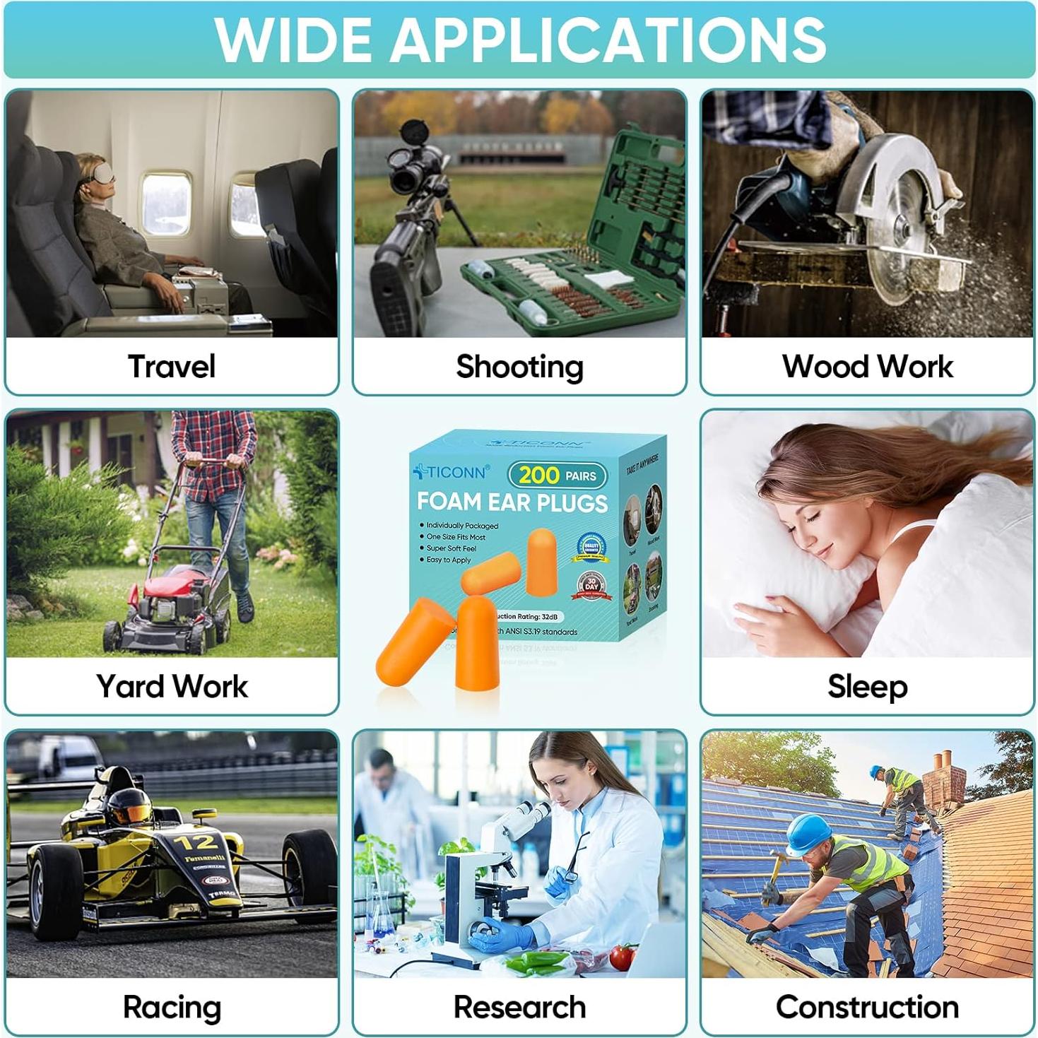 Tapones para Oídos TICONN 20 Pares 32dB Reducción Ruido