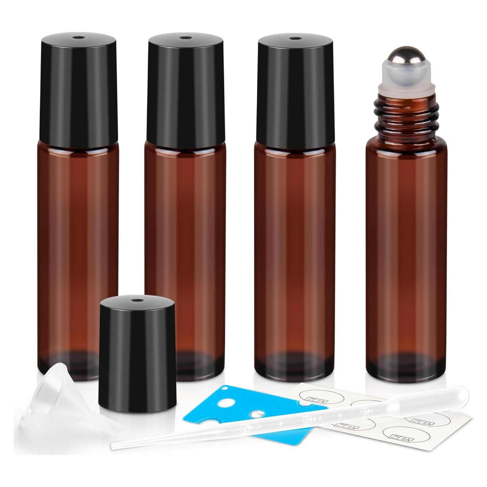 Botellas de Rodillo 10ml ZEJIA - 4 Piezas Vidrio Ámbar