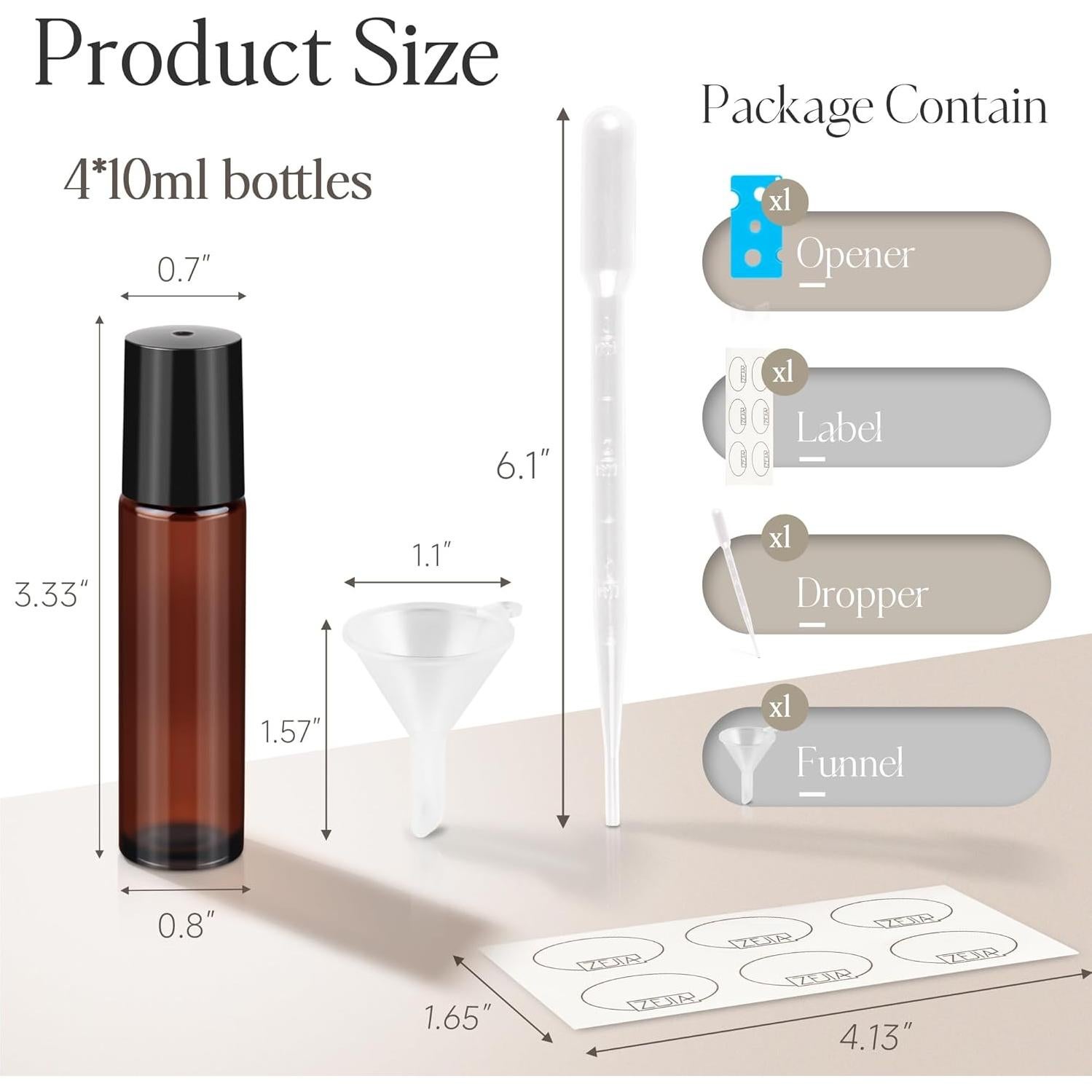 Botellas de Rodillo 10ml ZEJIA - 4 Piezas Vidrio Ámbar