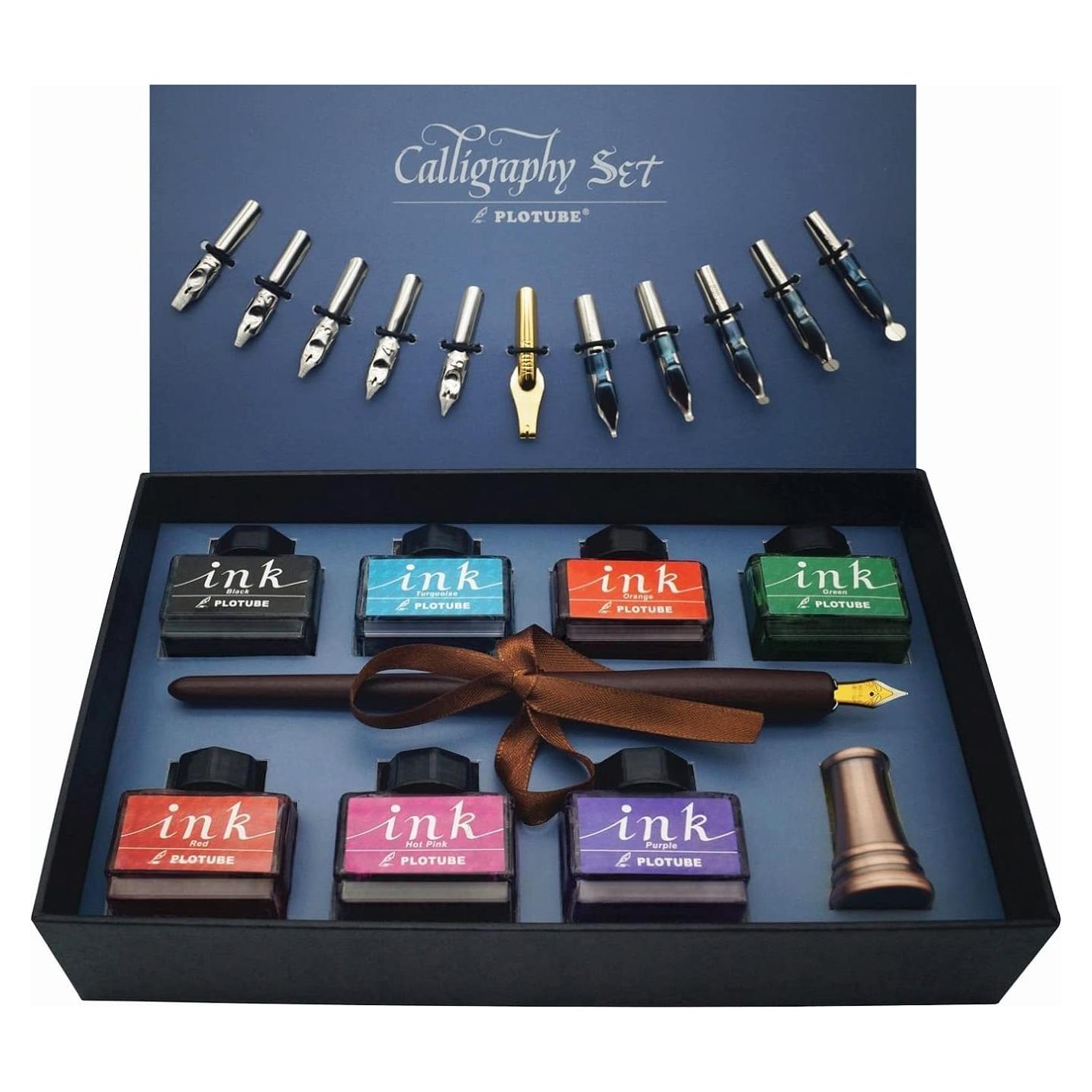 Juego de Caligrafía Plotube - Pluma de Madera y 7 Tintas