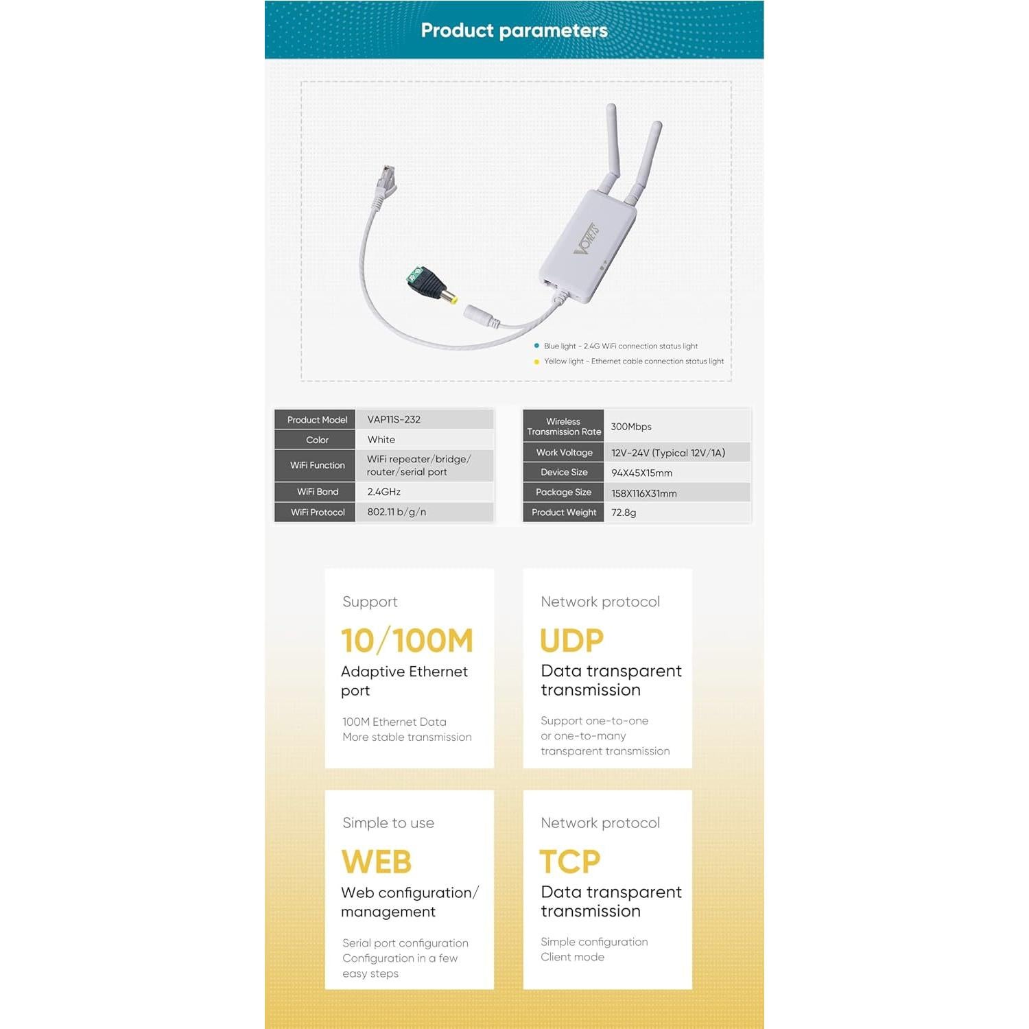 VONETS Servidor Serial WiFi Industrial VAP11S-232 2.4GHz