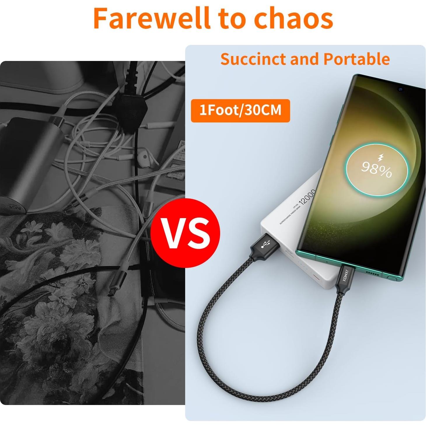 Cable USB C Corto JXMOX 0.15m 3-Pack Carga Rápida 3.1A Negro