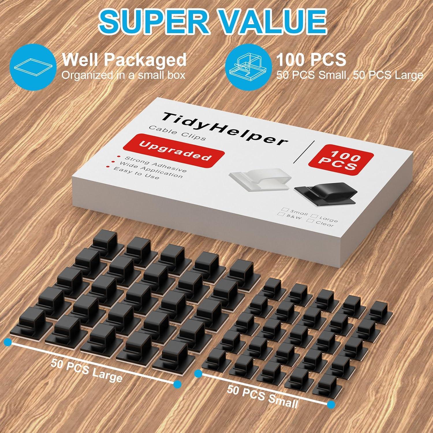 100 Clips Adhesivos para Cables TidyHelper - Pequeños y Grandes