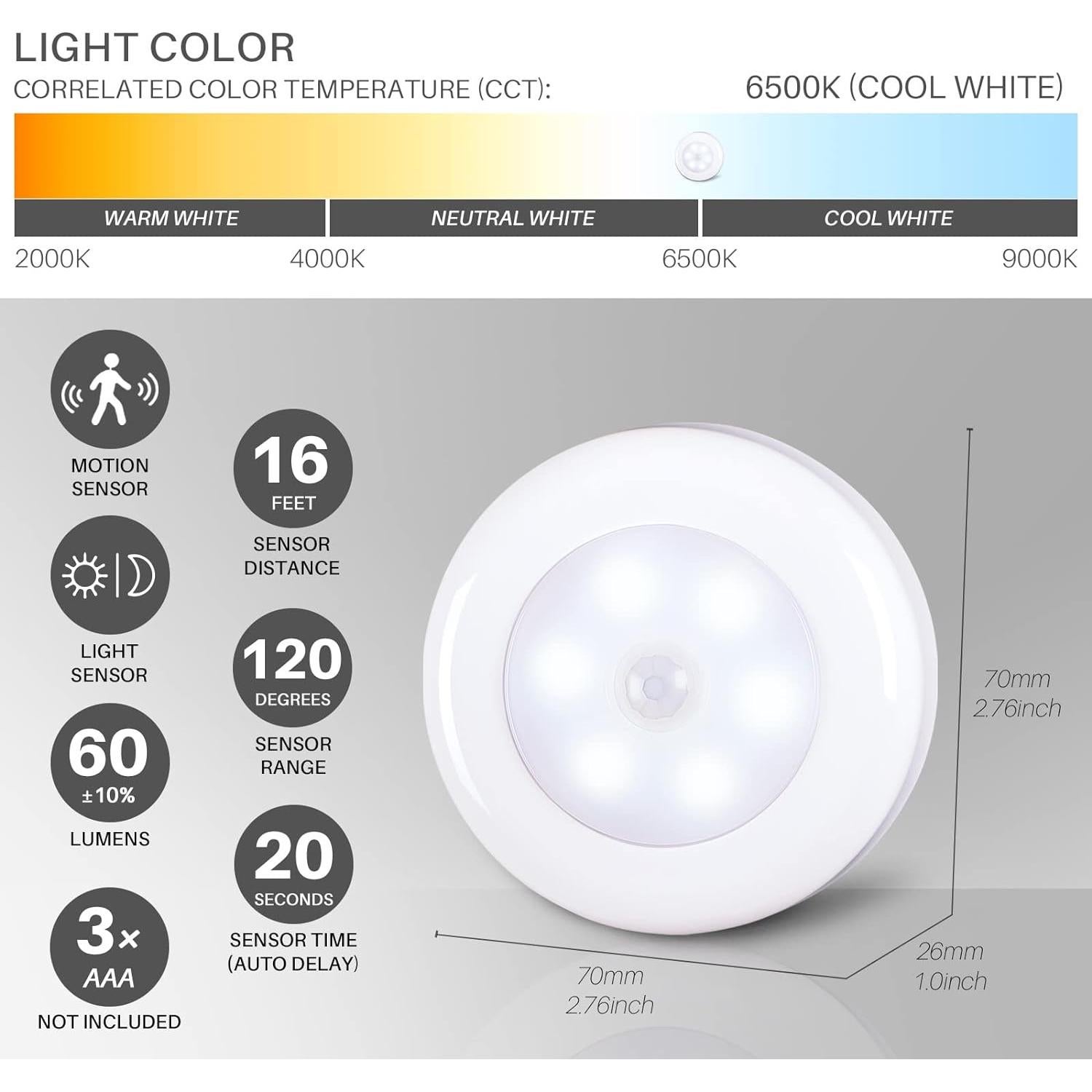 Luz LED con Sensor de Movimiento 6 Pack 7 cm Blanco Frío