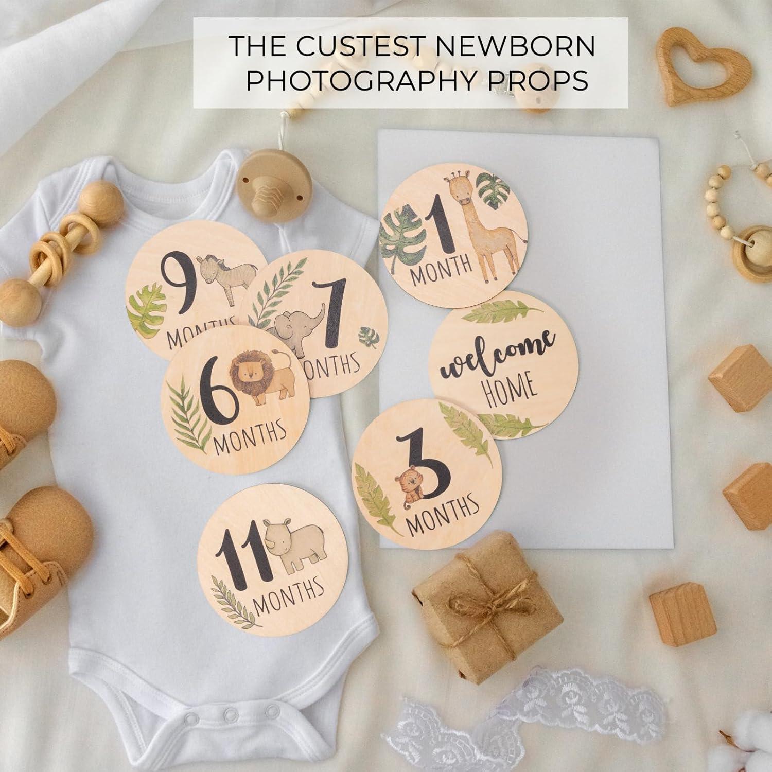 Tarjetas de Hitos Mensuales Bebé - 7 Discos Madera Animales