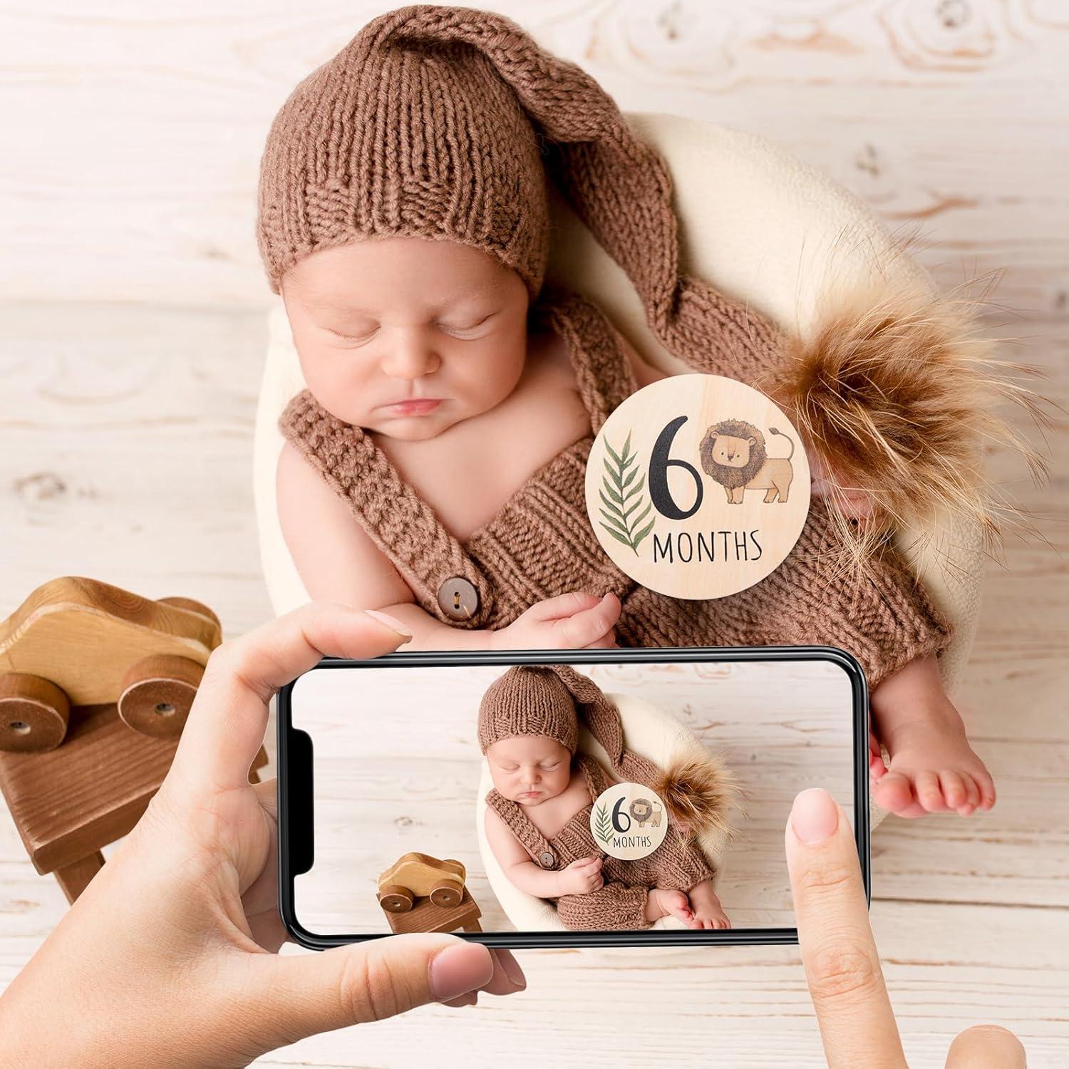 Tarjetas de Hitos Mensuales Bebé - 7 Discos Madera Animales