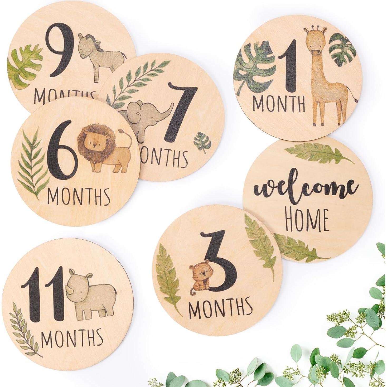 Tarjetas de Hitos Mensuales Bebé - 7 Discos Madera Animales