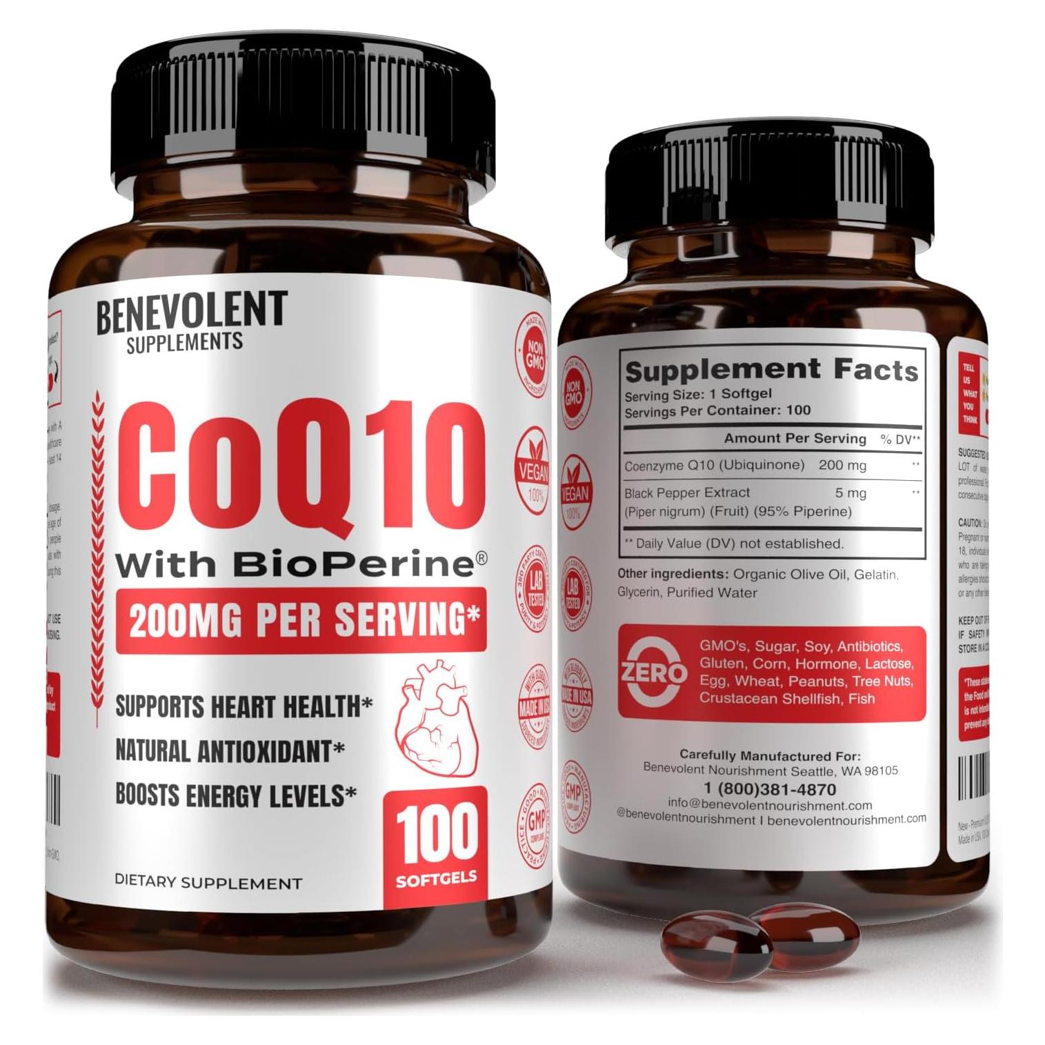 Suplemento CoQ10 200mg Benevolent en Softgels, 100 Unidades