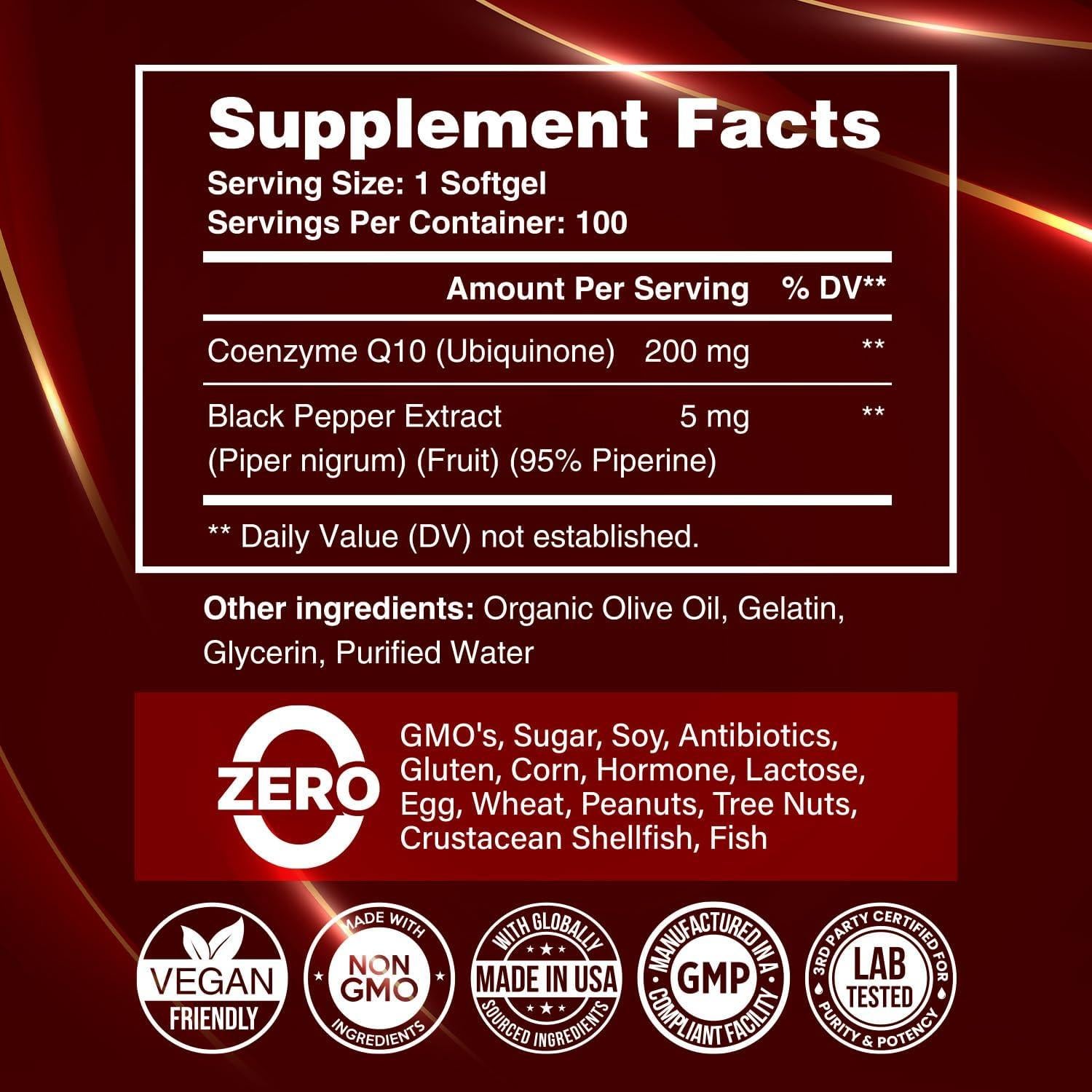 Suplemento CoQ10 200mg Benevolent en Softgels, 100 Unidades